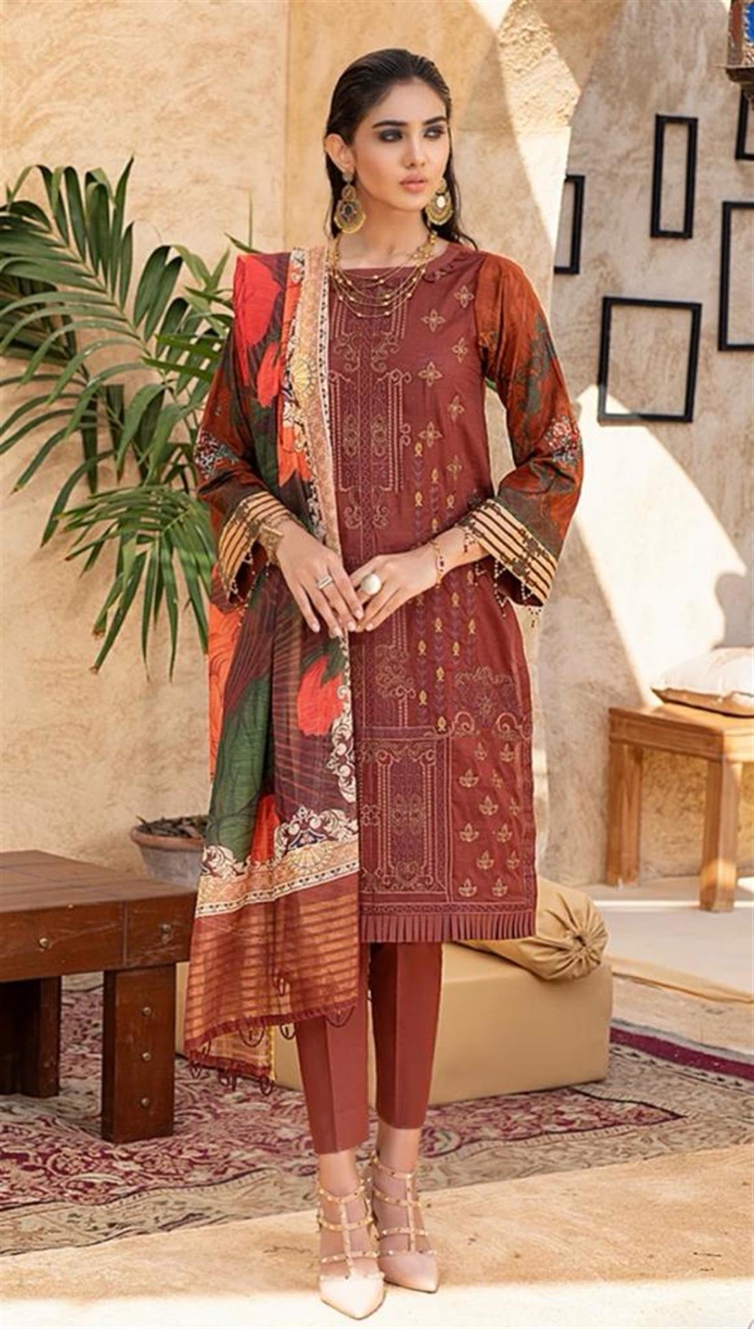 Brown Lawn Embroidered Shirt with Dupatta & Dyed Trouser