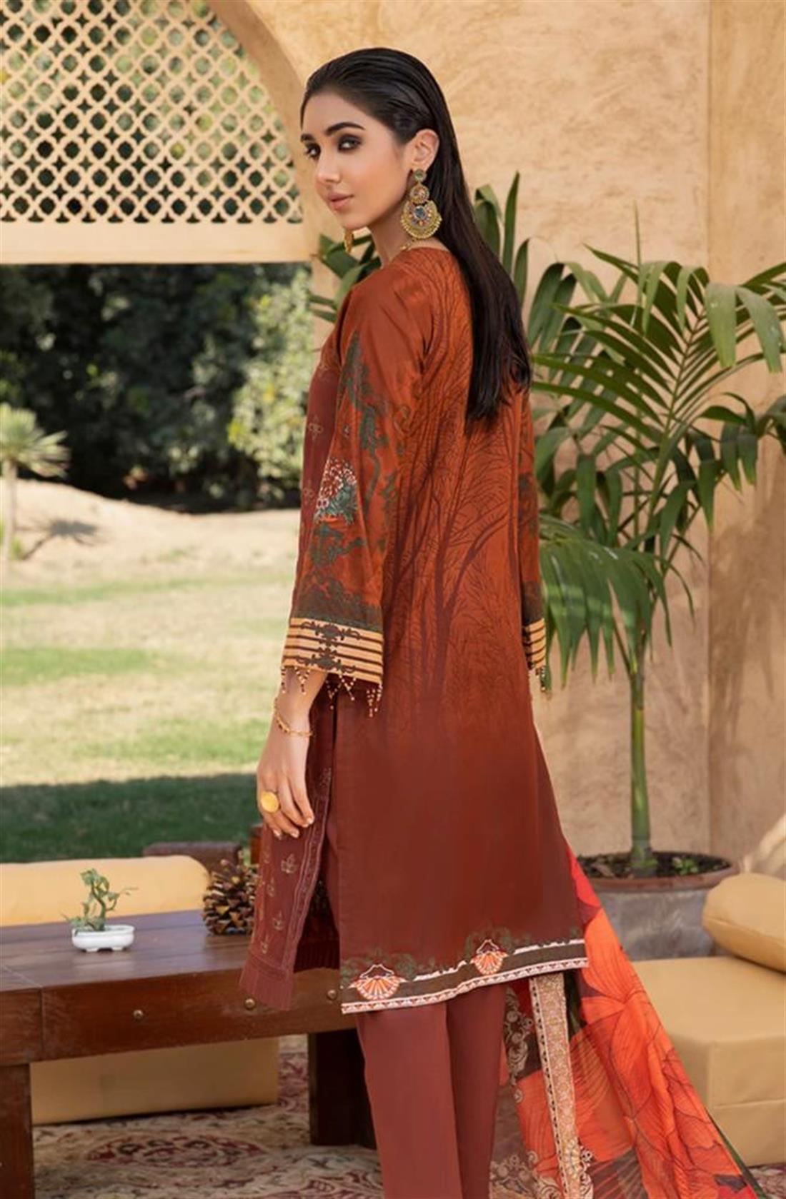 Brown Lawn Embroidered Shirt with Dupatta & Dyed Trouser