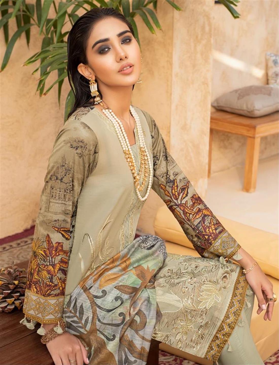 Pista Lawn Peach Brown Embroidered Shirt with Dupatta & Trouser