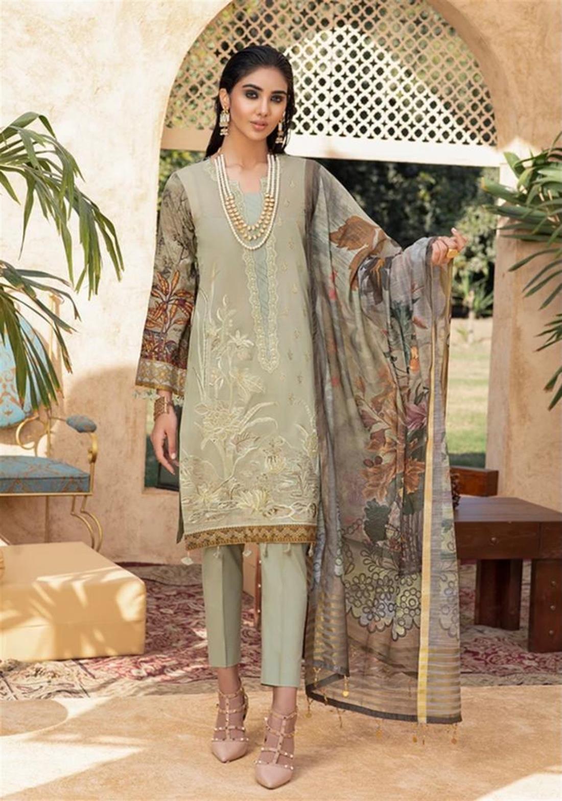 Pista Lawn Peach Brown Embroidered Shirt with Dupatta & Trouser