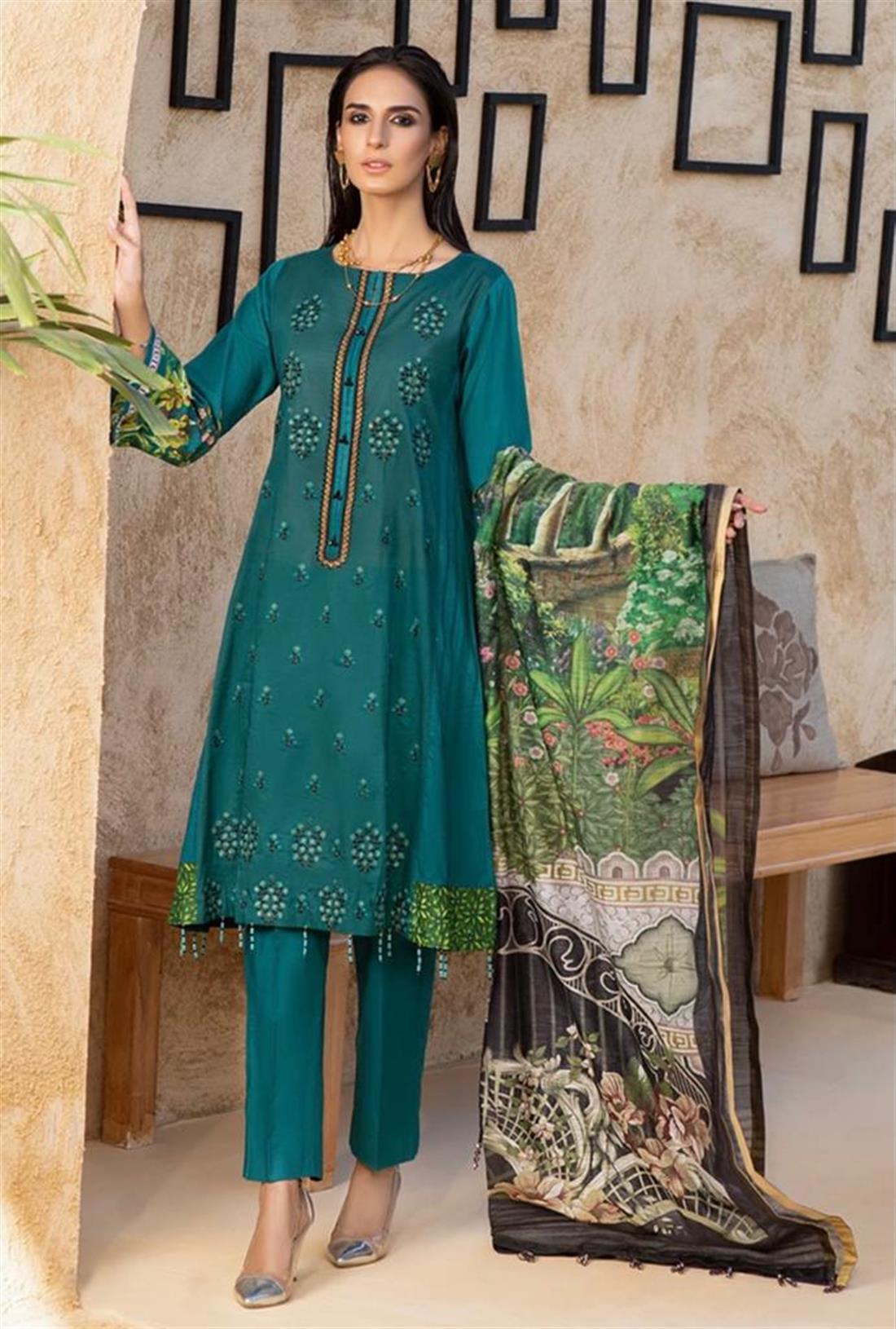 Sea Green Lawn Blue Embroidered Shirt with Dupatta & Dyed Trouser