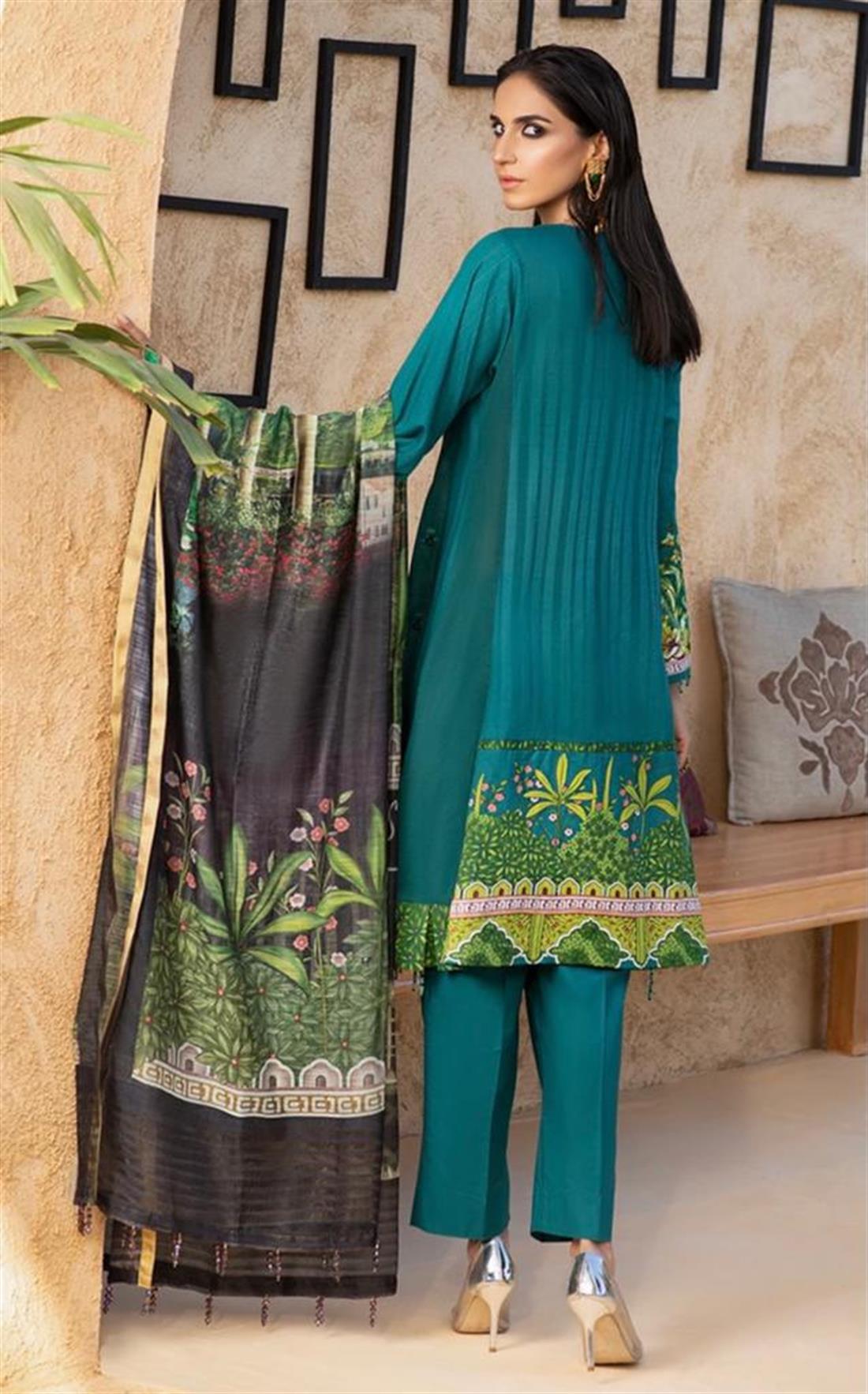 Sea Green Lawn Blue Embroidered Shirt with Dupatta & Dyed Trouser