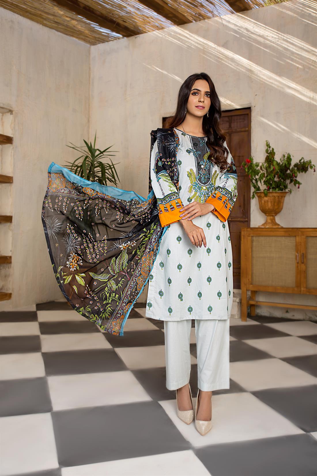 Pale Blue Embroidered Chiffon 3 Piece Printed Lawn Readymade Salwar Suit