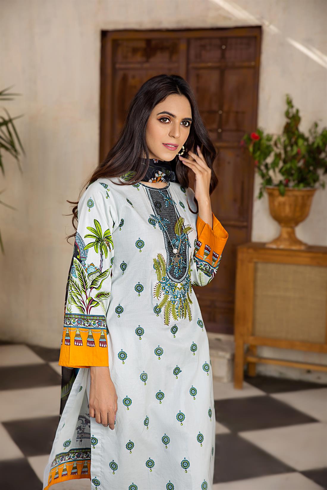 Pale Blue Embroidered Chiffon 3 Piece Printed Lawn Readymade Salwar Suit