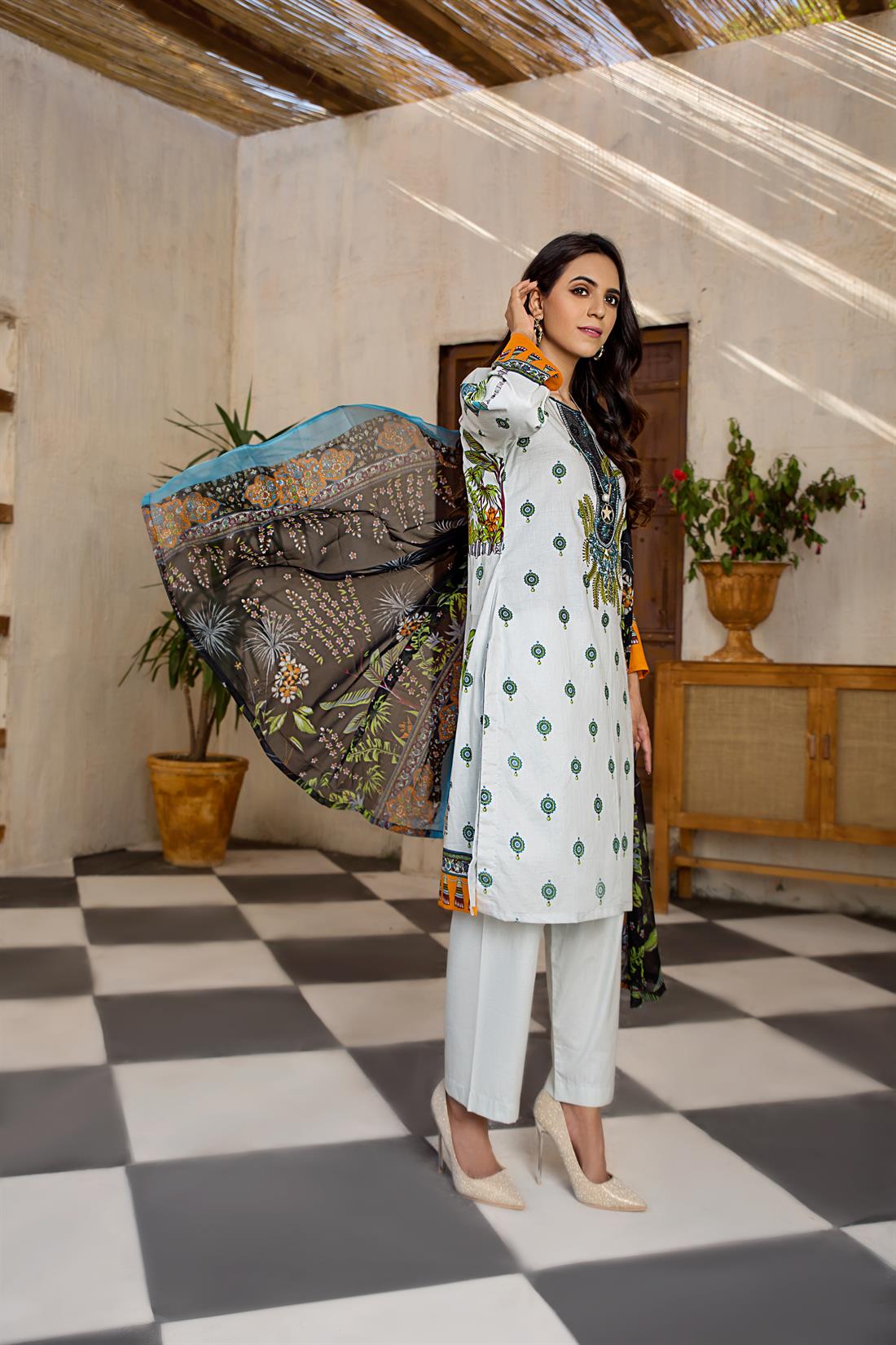Pale Blue Embroidered Chiffon 3 Piece Printed Lawn Readymade Salwar Suit