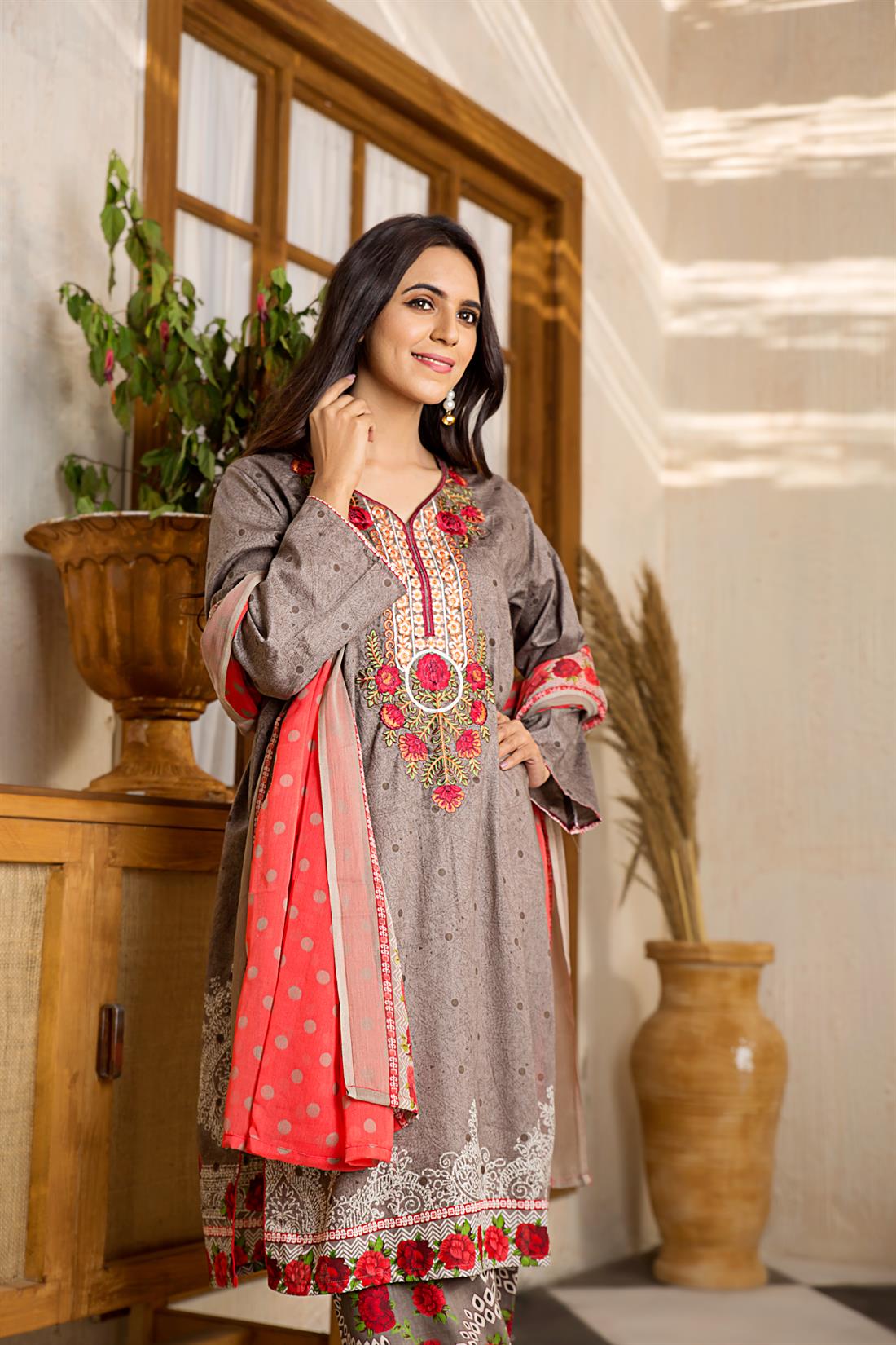 Dark Grey Embroidered Chiffon 3 Piece Printed Lawn Readymade Salwar Suit