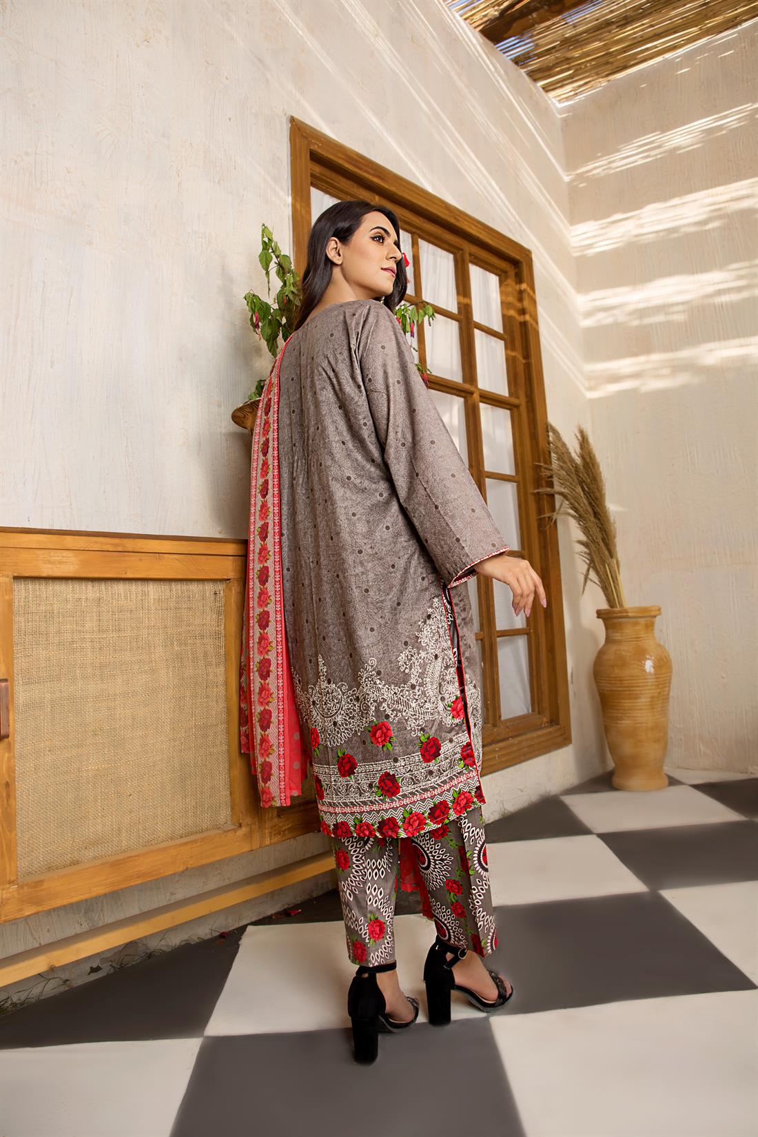 Dark Grey Embroidered Chiffon 3 Piece Printed Lawn Readymade Salwar Suit