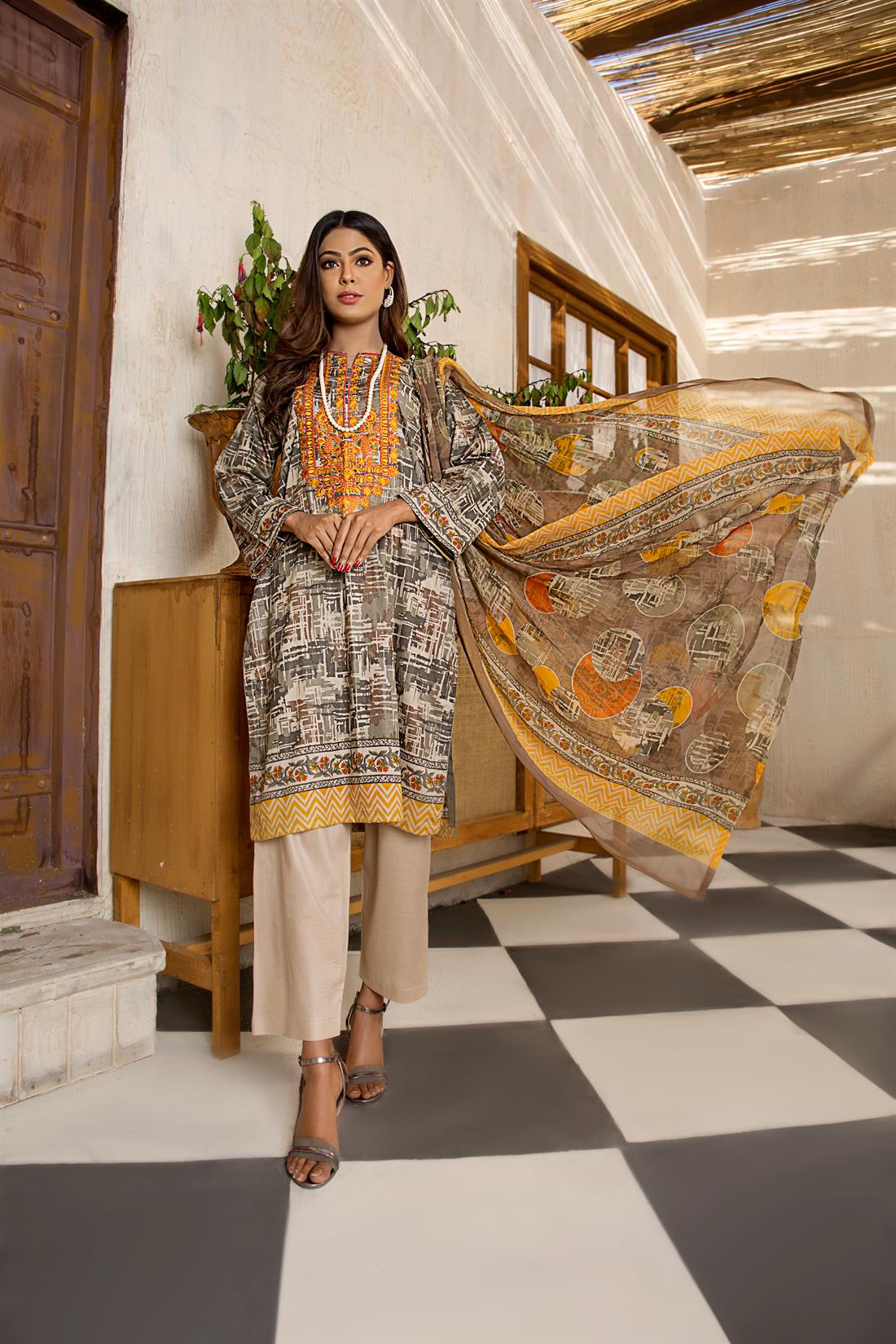 Grey & Yellow Embroidered Chiffon Grey/Yellow 3 Piece Printed Lawn Readymade Salwar Suit