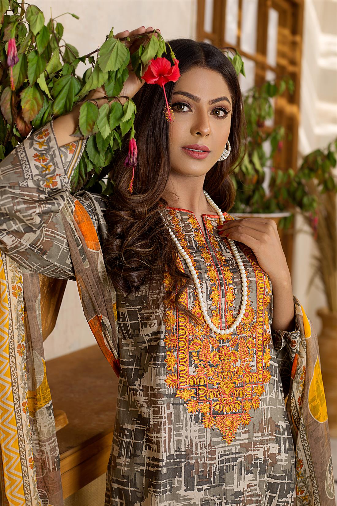 Grey & Yellow Embroidered Chiffon Grey/Yellow 3 Piece Printed Lawn Readymade Salwar Suit