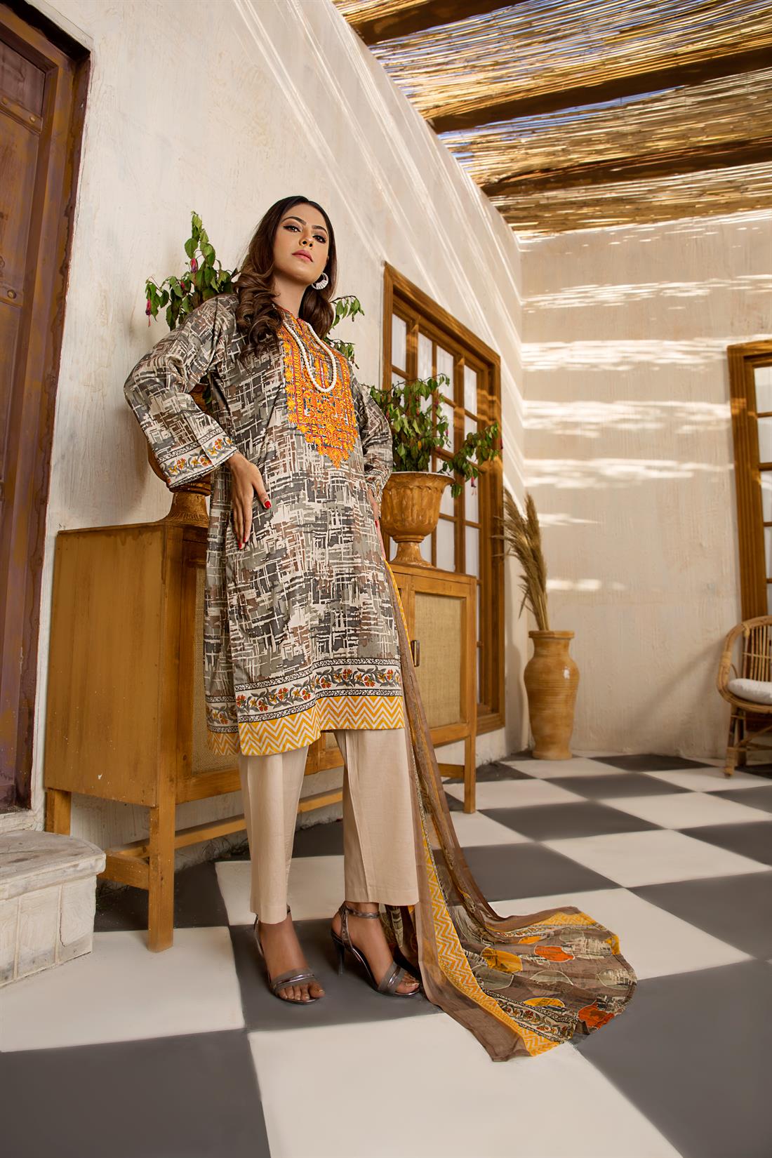 Grey & Yellow Embroidered Chiffon Grey/Yellow 3 Piece Printed Lawn Readymade Salwar Suit