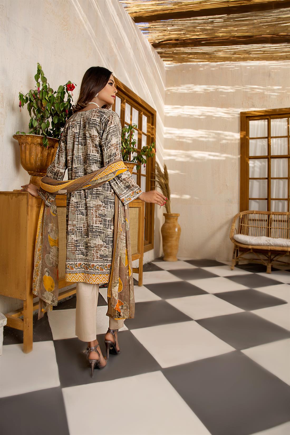 Grey & Yellow Embroidered Chiffon Grey/Yellow 3 Piece Printed Lawn Readymade Salwar Suit