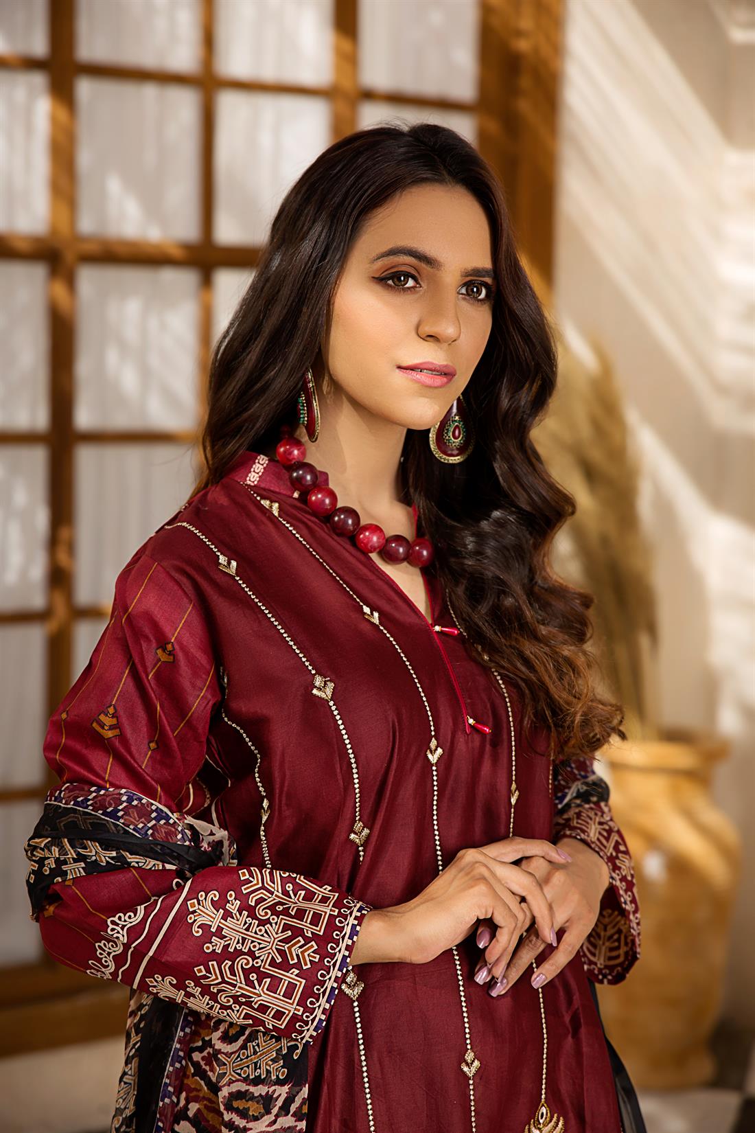 Maroon Embroidered Chiffon 3 Piece Printed Lawn Readymade Salwar Suit