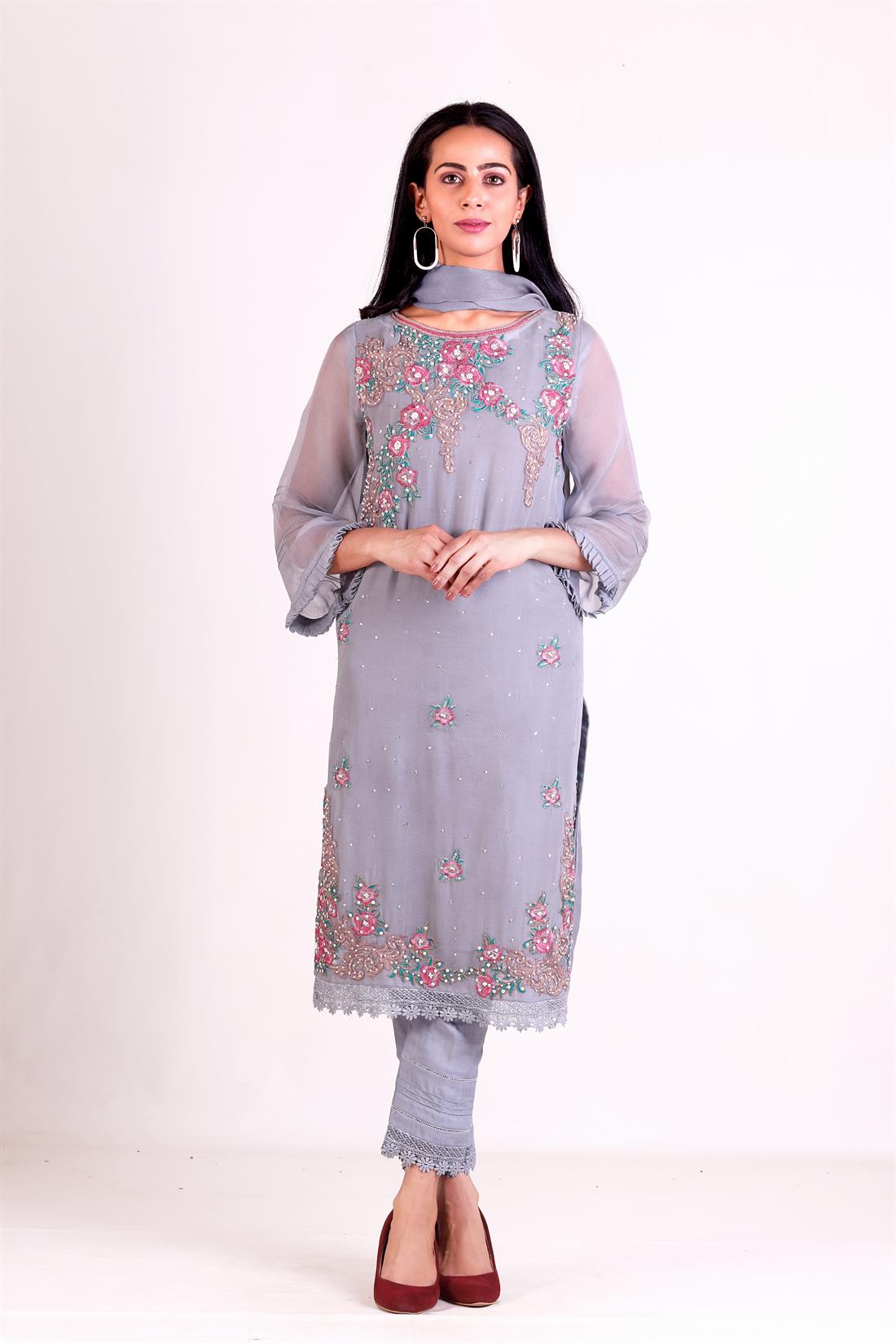 Grey Chiffon Embroidered Suit with Dupatta and Trouser
