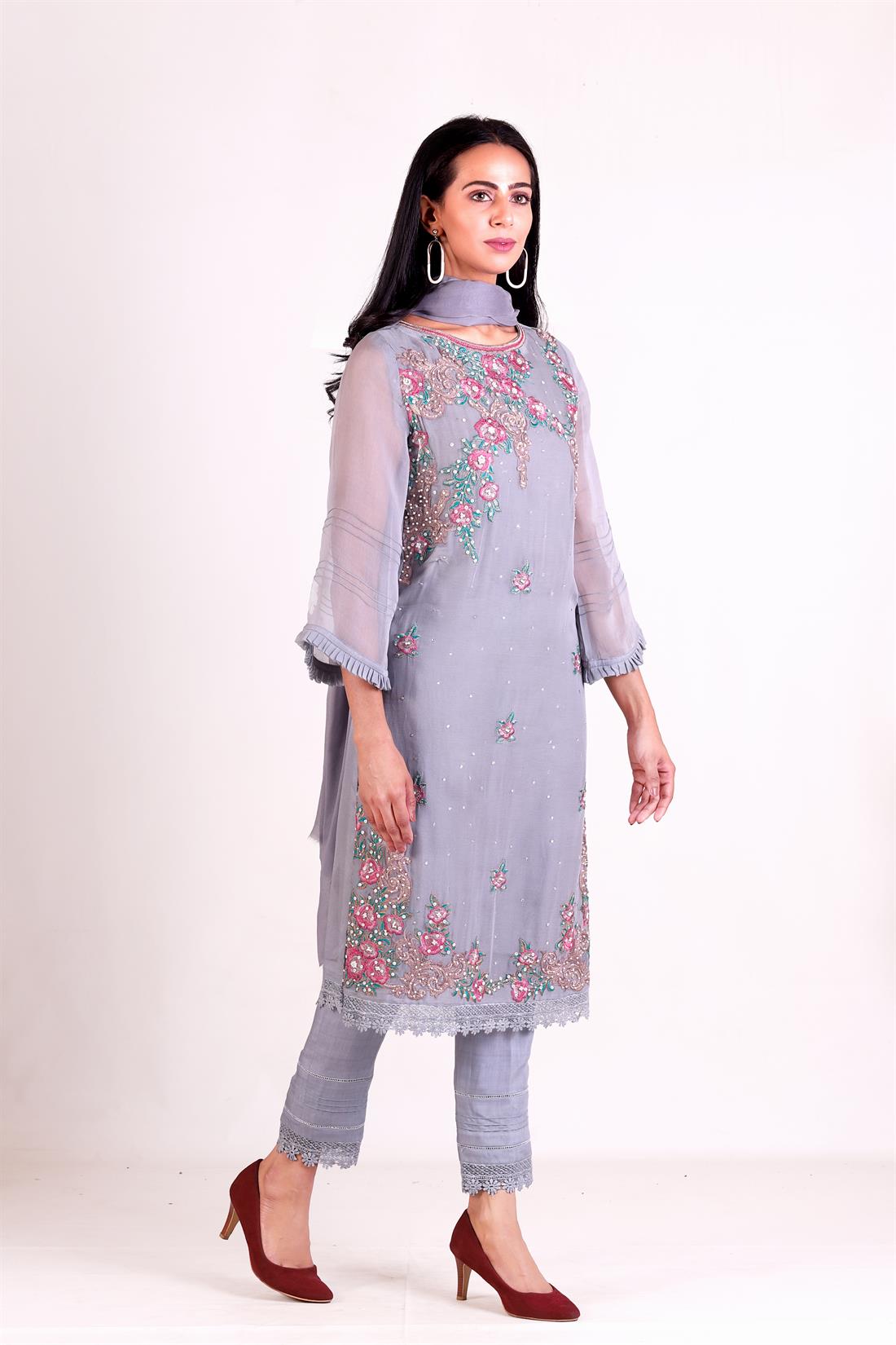 Grey Chiffon Embroidered Suit with Dupatta and Trouser