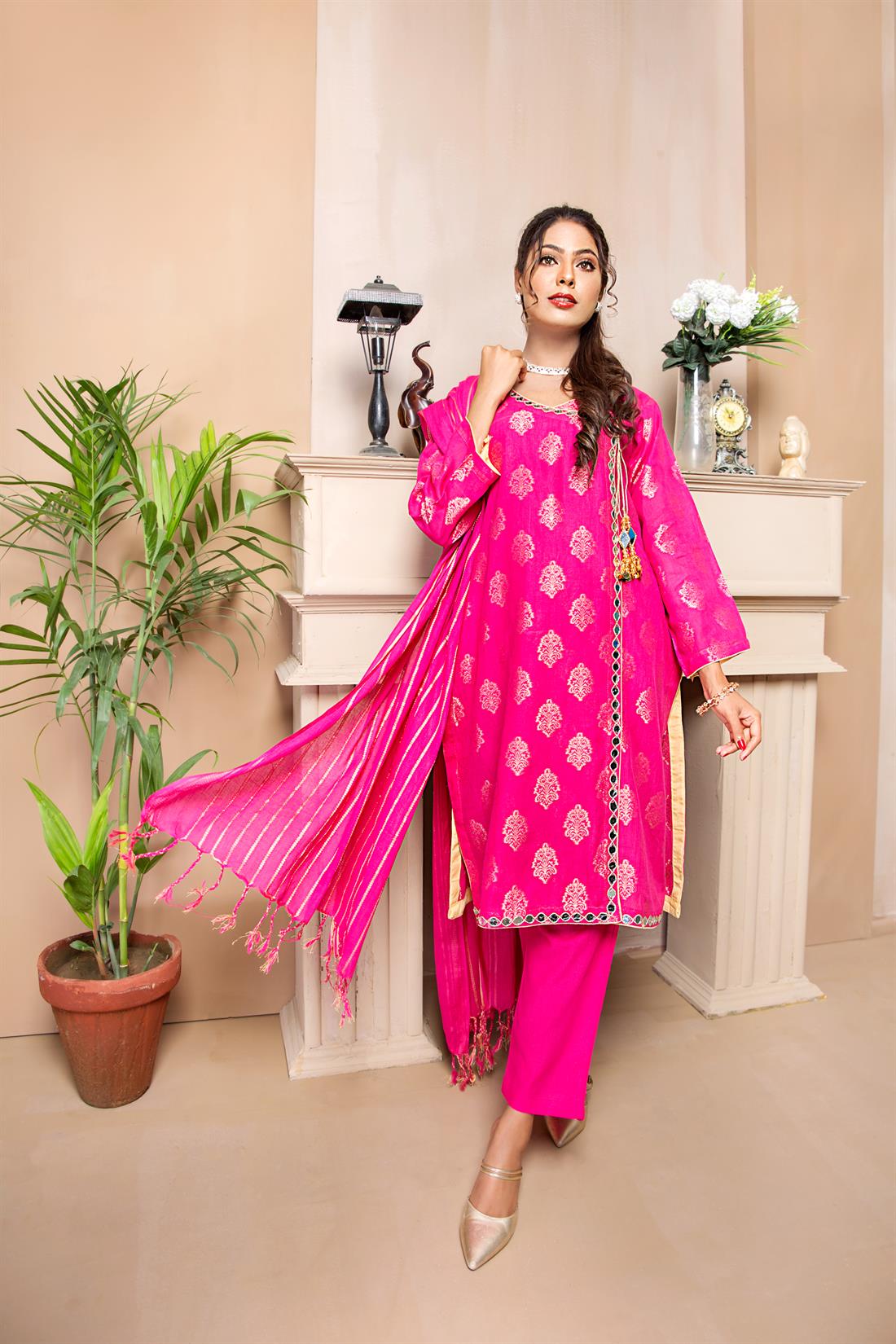 Hot Pink Mirror Work Print Cotton Suit with Dupatta and Trouser