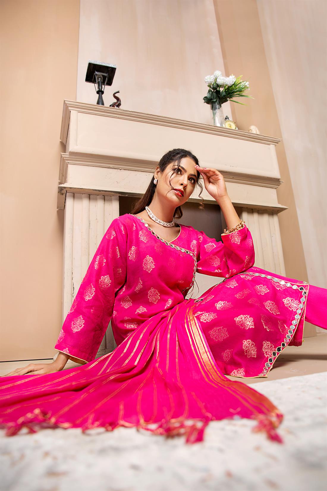 Hot Pink Mirror Work Print Cotton Suit with Dupatta and Trouser