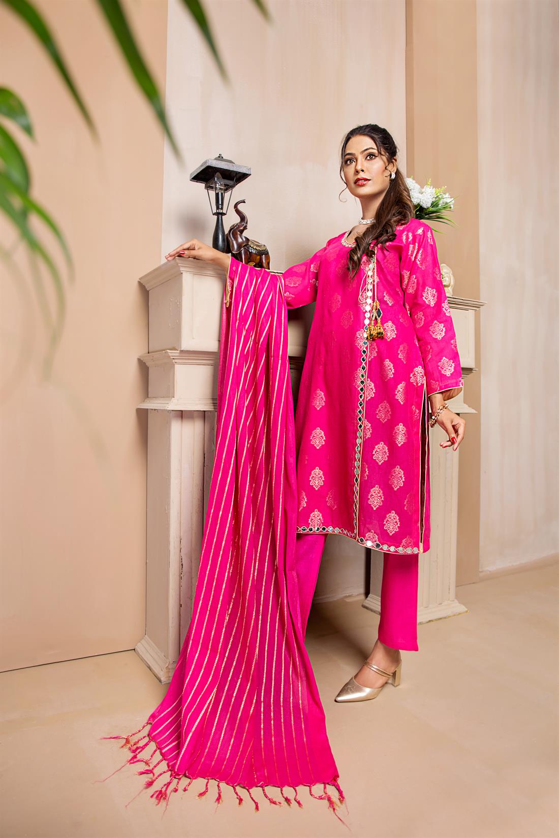 Hot Pink Mirror Work Print Cotton Suit with Dupatta and Trouser