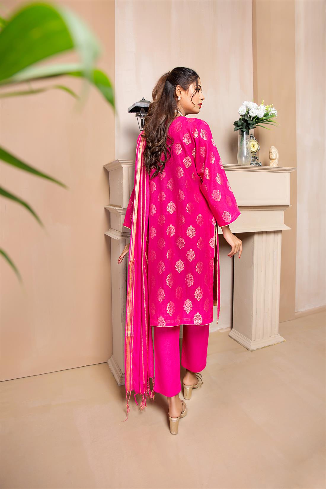 Hot Pink Mirror Work Print Cotton Suit with Dupatta and Trouser