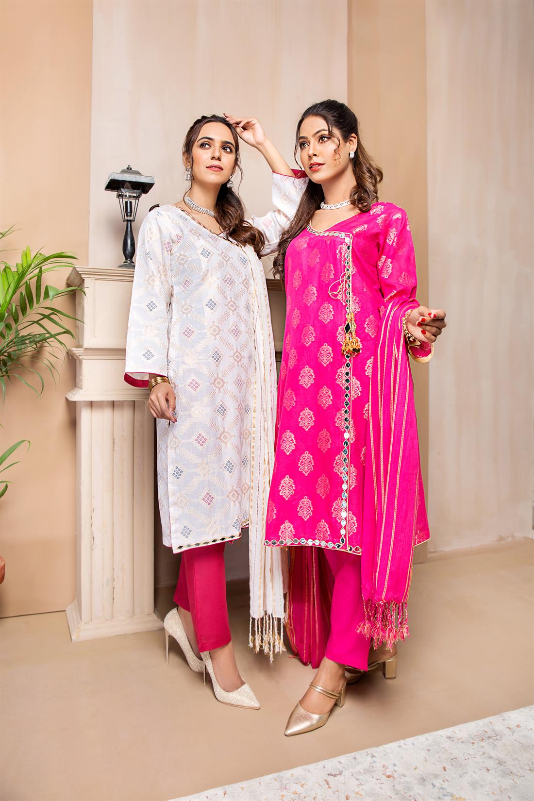Hot Pink Mirror Work Print Cotton Suit with Dupatta and Trouser