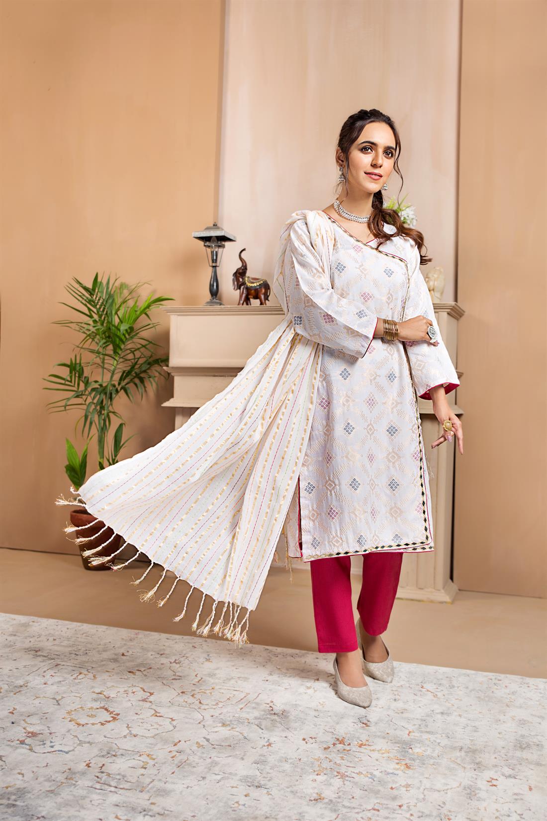 Cream Print Cotton Suit with Dupatta and Trouser