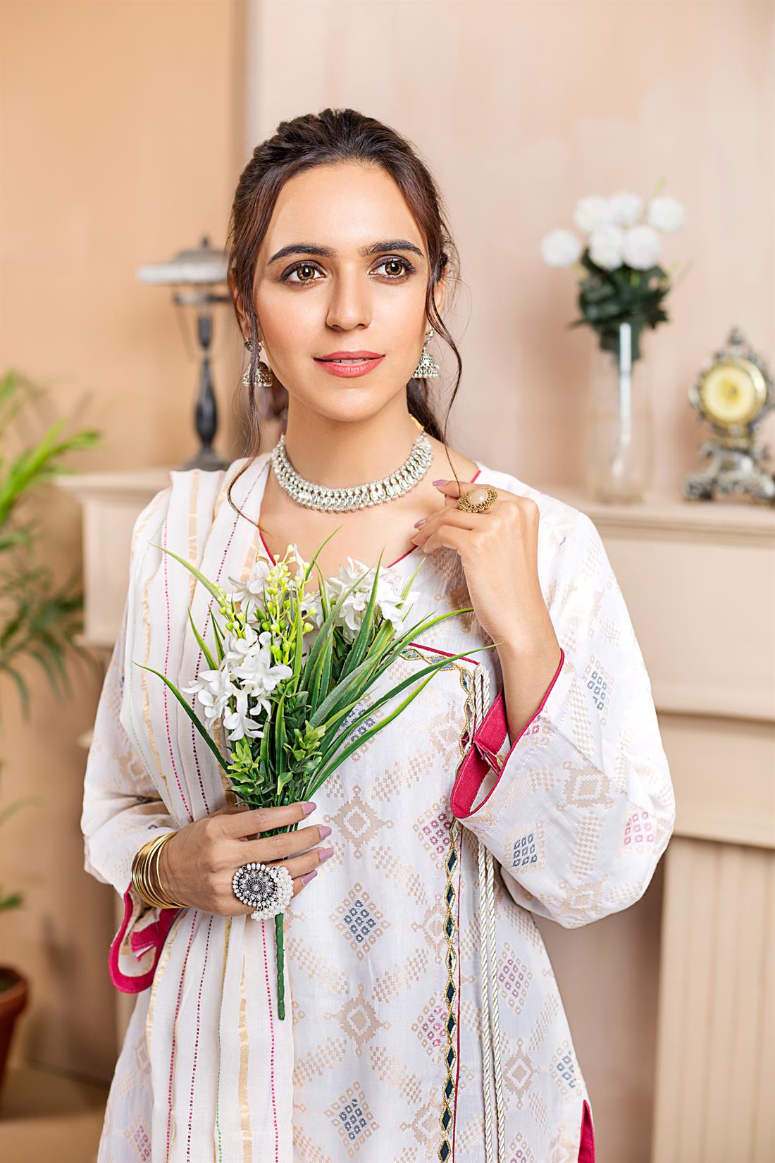 Cream Print Cotton Suit with Dupatta and Trouser