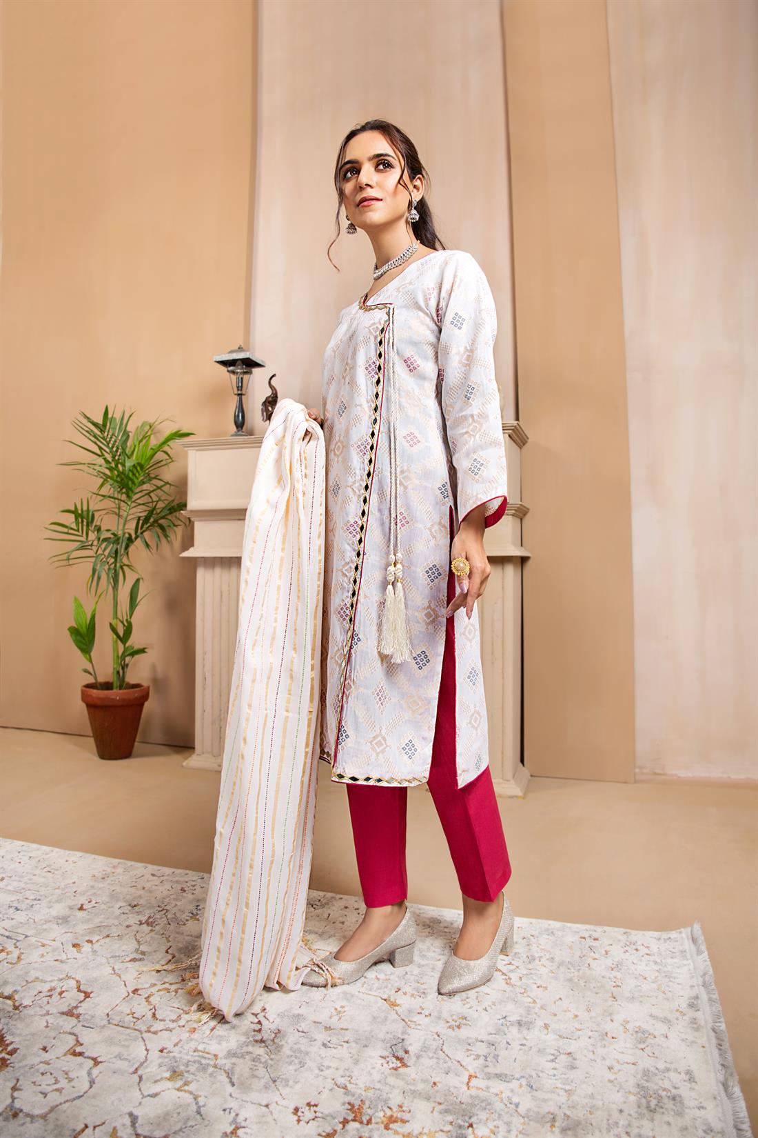 Cream Print Cotton Suit with Dupatta and Trouser