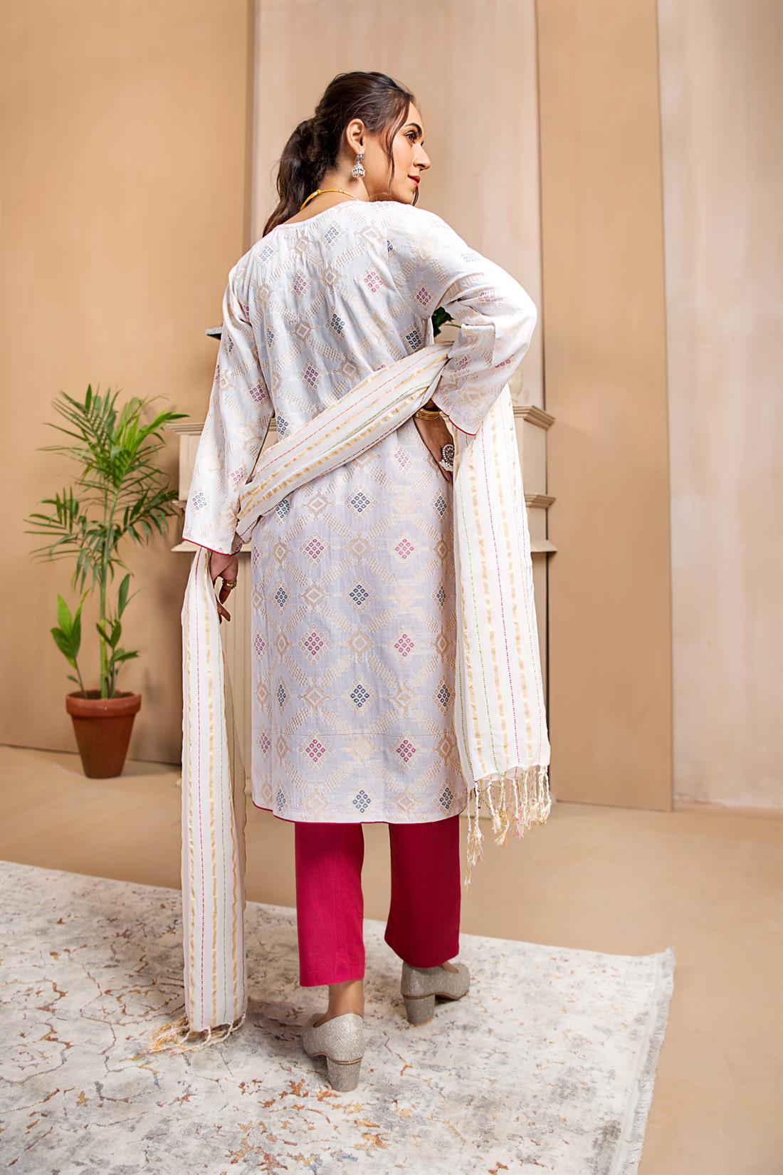 Cream Print Cotton Suit with Dupatta and Trouser