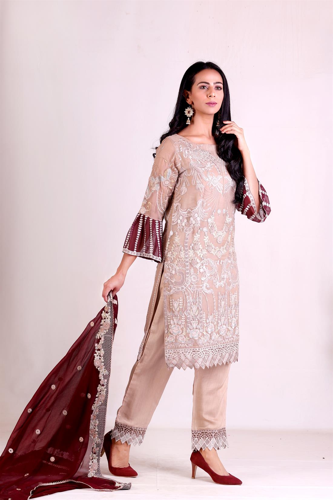 Light Brown Embroidered Chiffon Kameez with Dupatta & Trouser