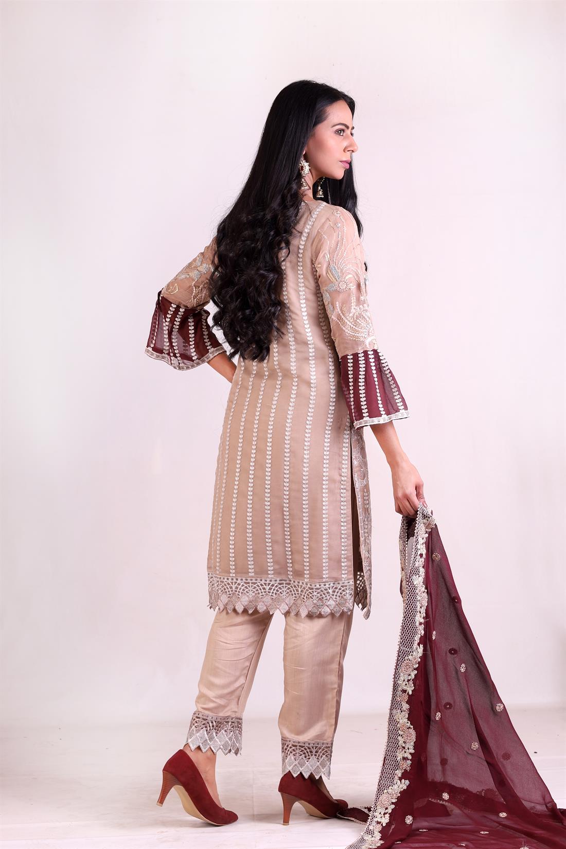 Light Brown Embroidered Chiffon Kameez with Dupatta & Trouser