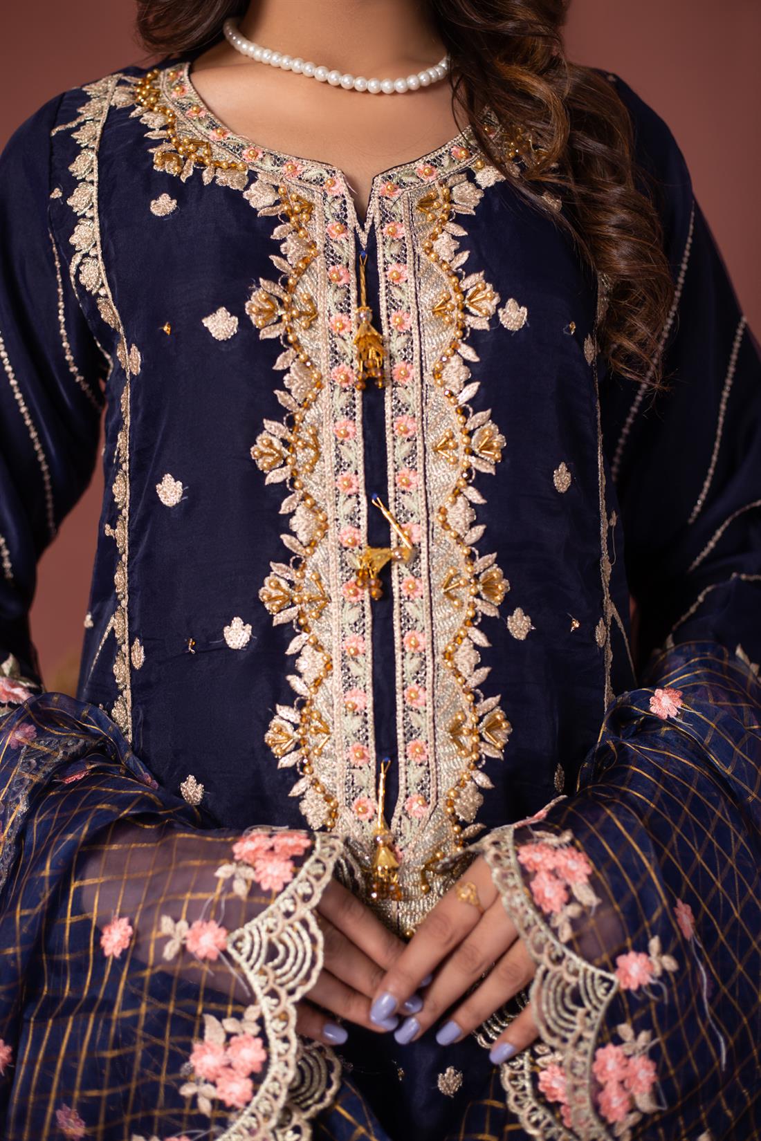 Navy Blue Green Organza Stunning Embroidered 3 Piece Salwar Suit