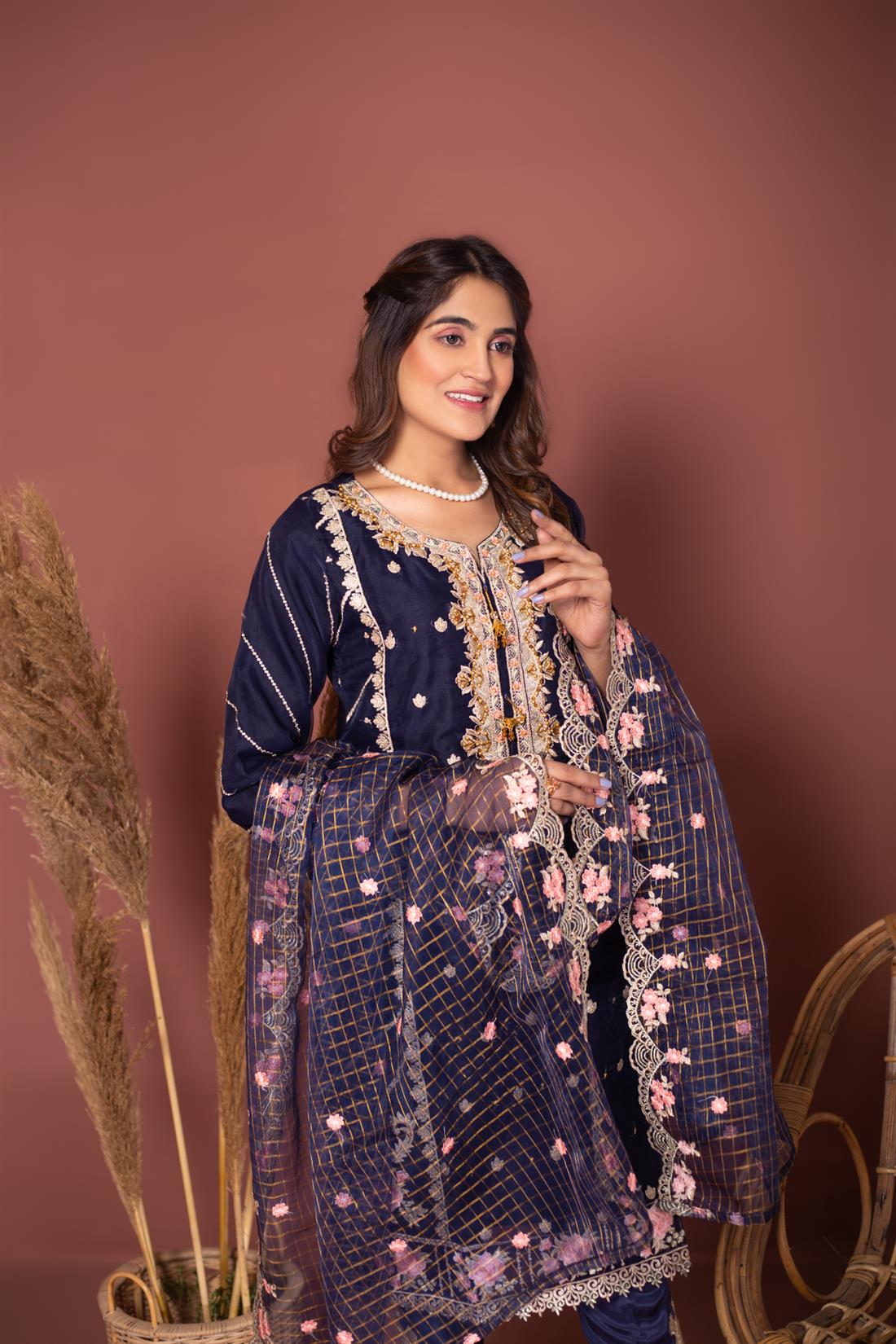 Navy Blue Green Organza Stunning Embroidered 3 Piece Salwar Suit