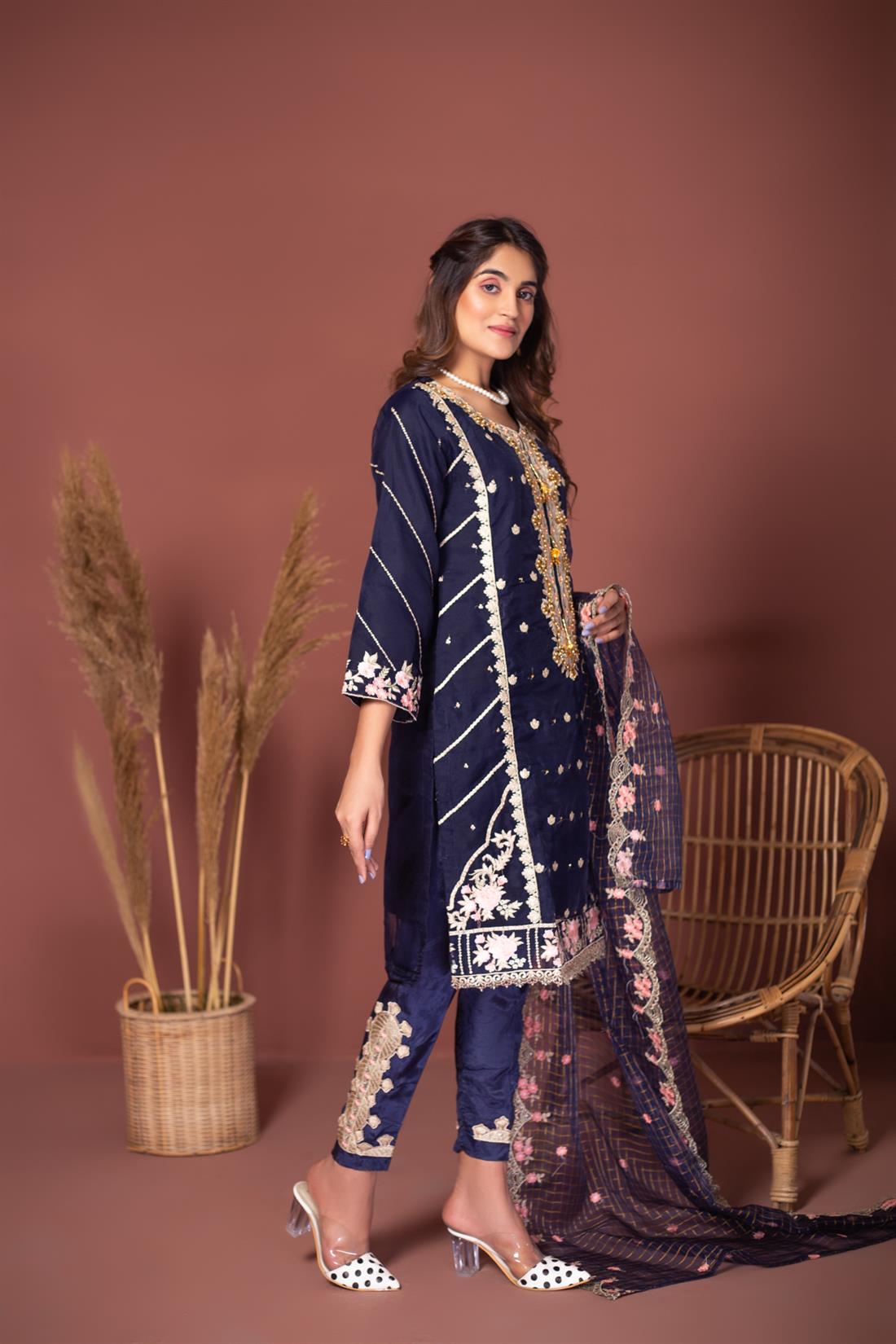 Navy Blue Green Organza Stunning Embroidered 3 Piece Salwar Suit