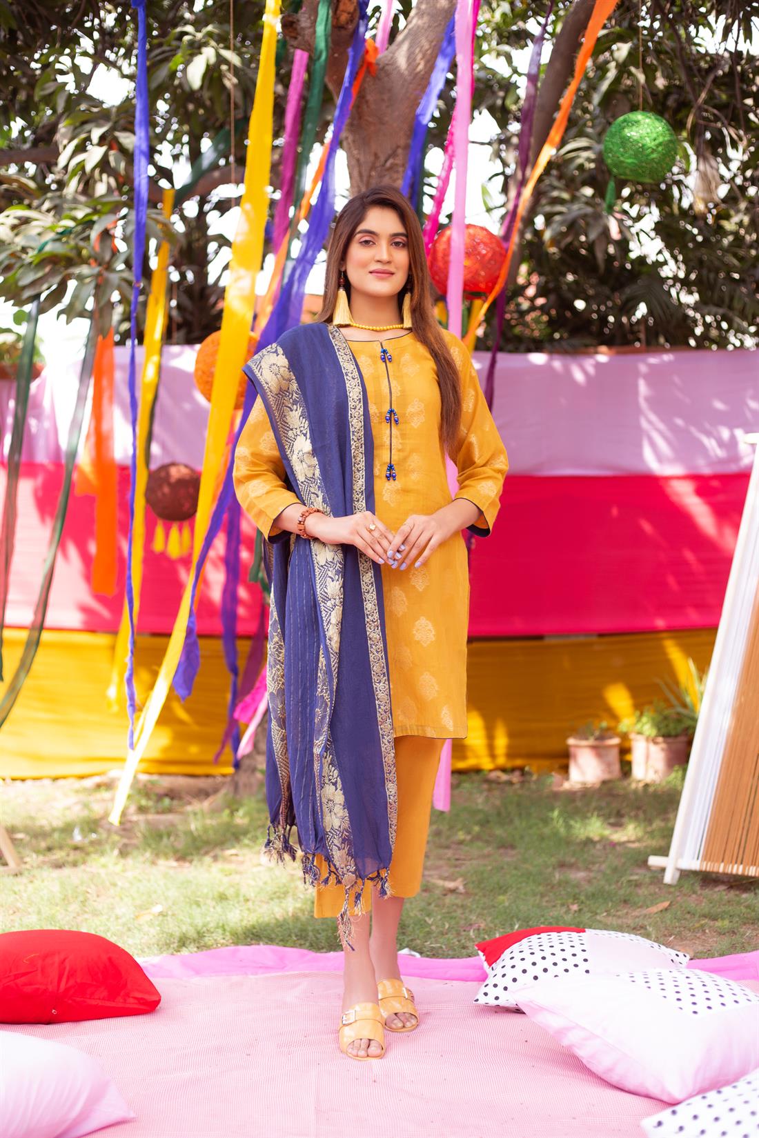 Mustard Printed Jacquard Ladies Readymade