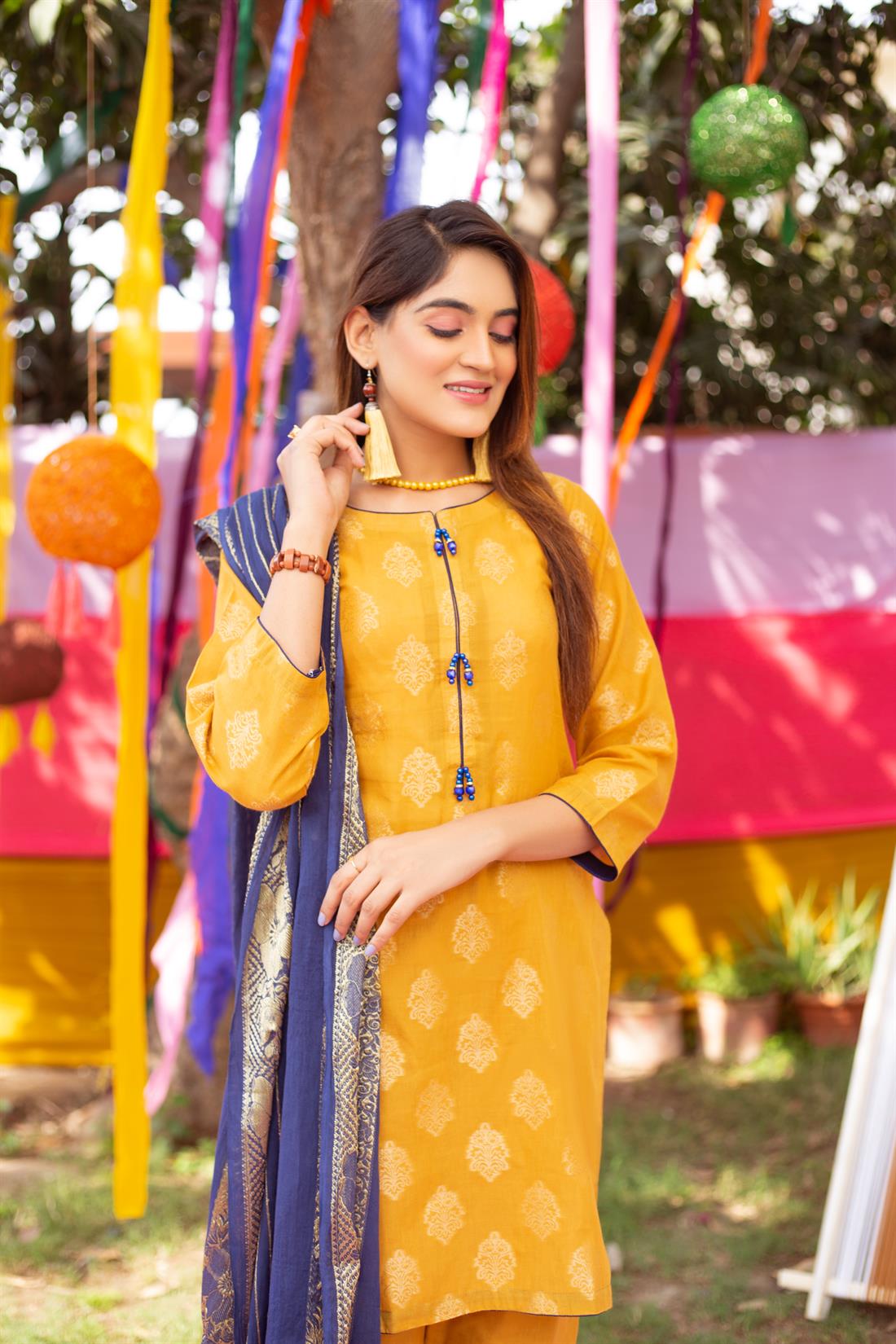 Mustard Printed Jacquard Ladies Readymade