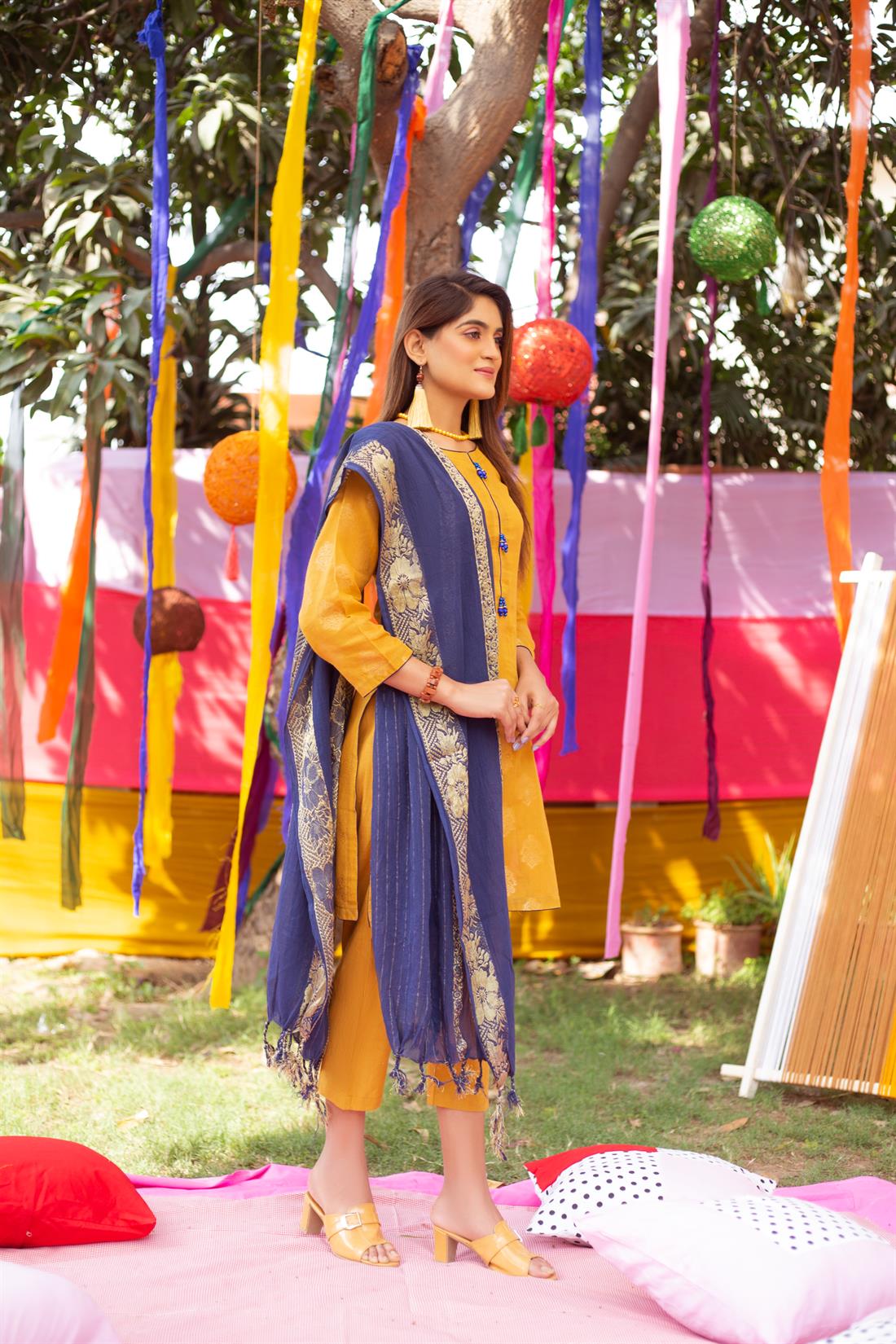 Mustard Printed Jacquard Ladies Readymade