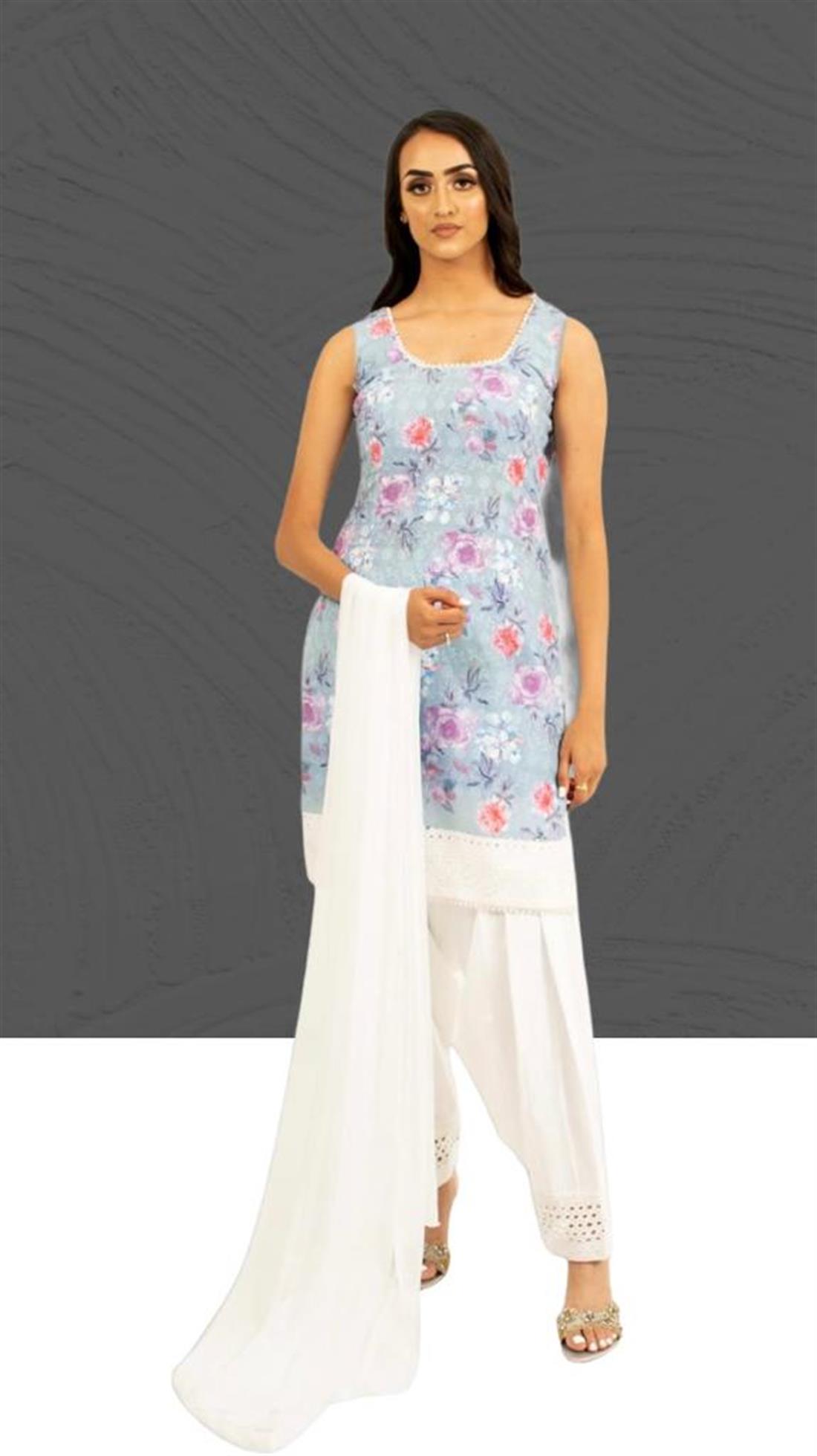 Blue Embroidered Chiffon Ladies Readymade