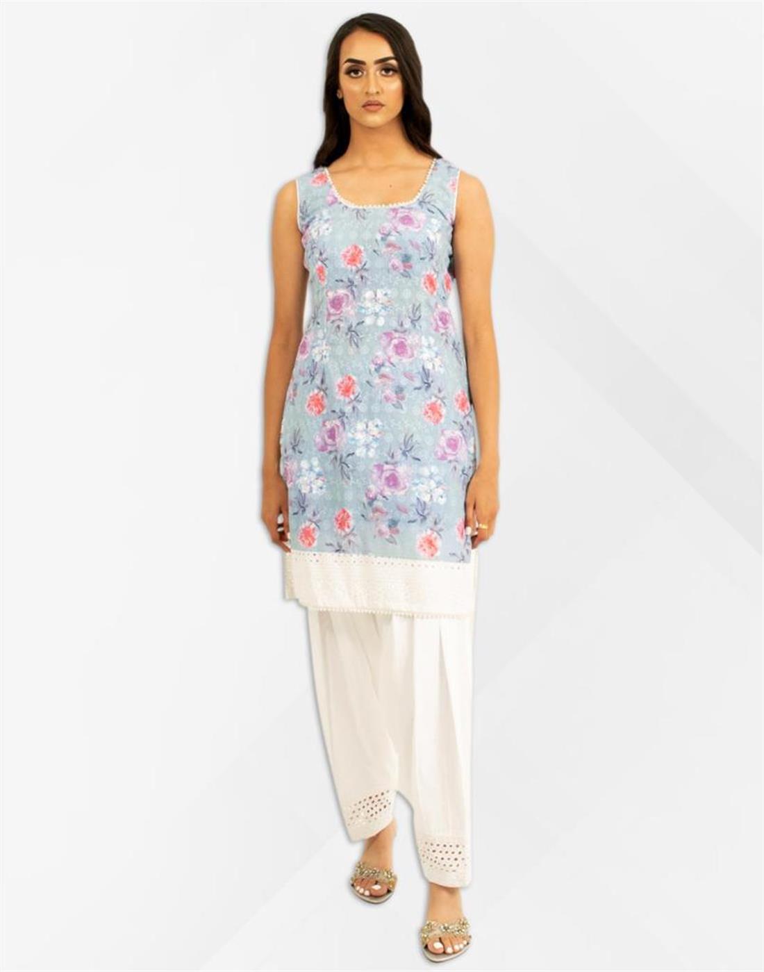 Blue Embroidered Chiffon Ladies Readymade