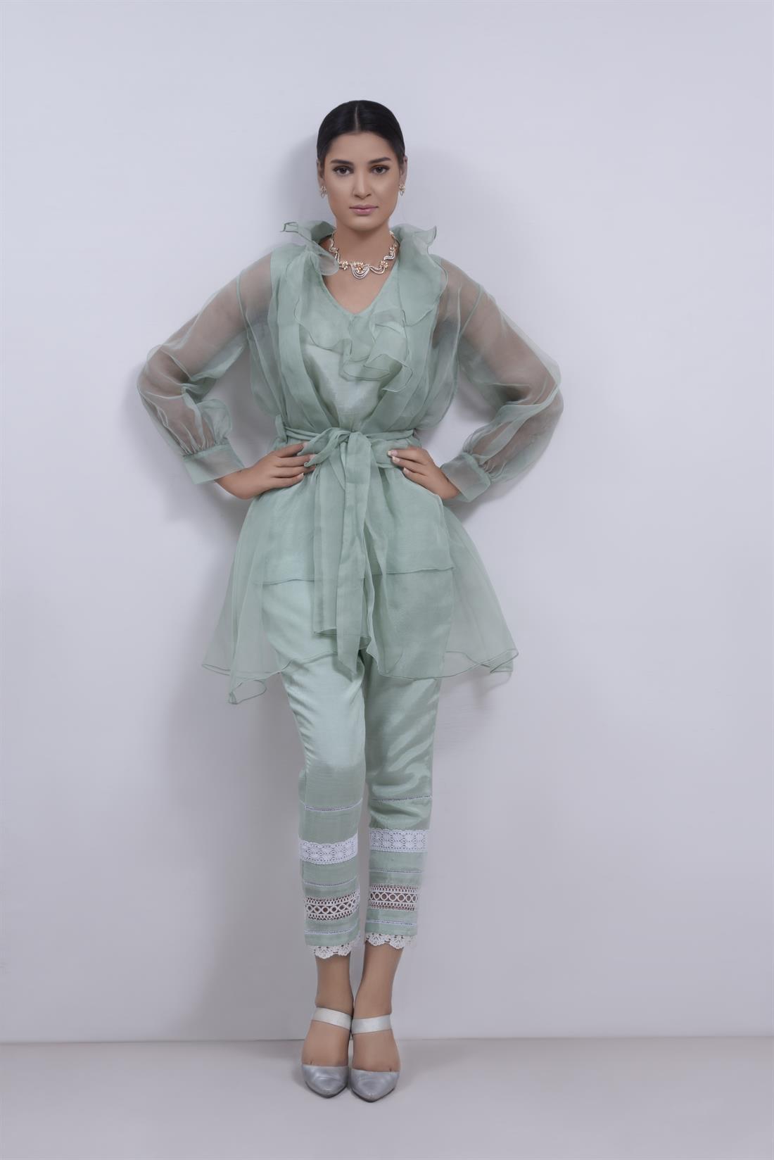Mint Raw Silk Organza Shirt with Kameez and Trouser