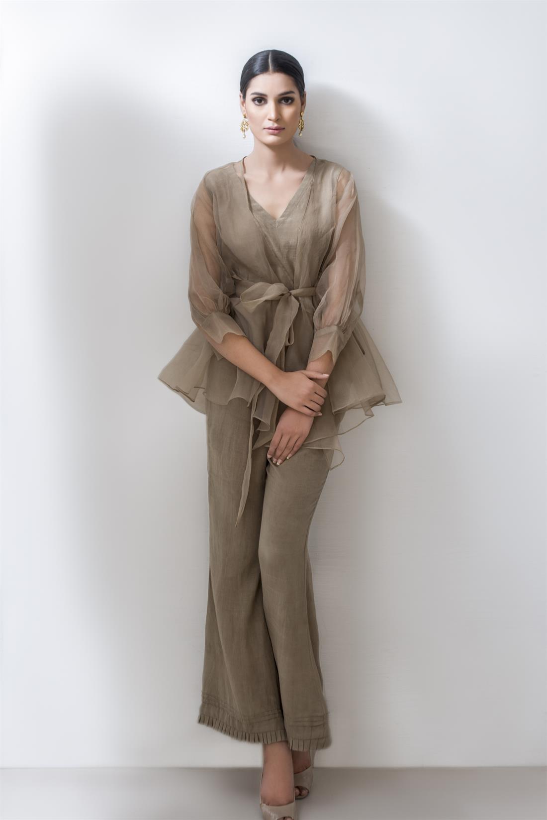 Olive Raw Silk Organza Shirt with Kameez and Trouser