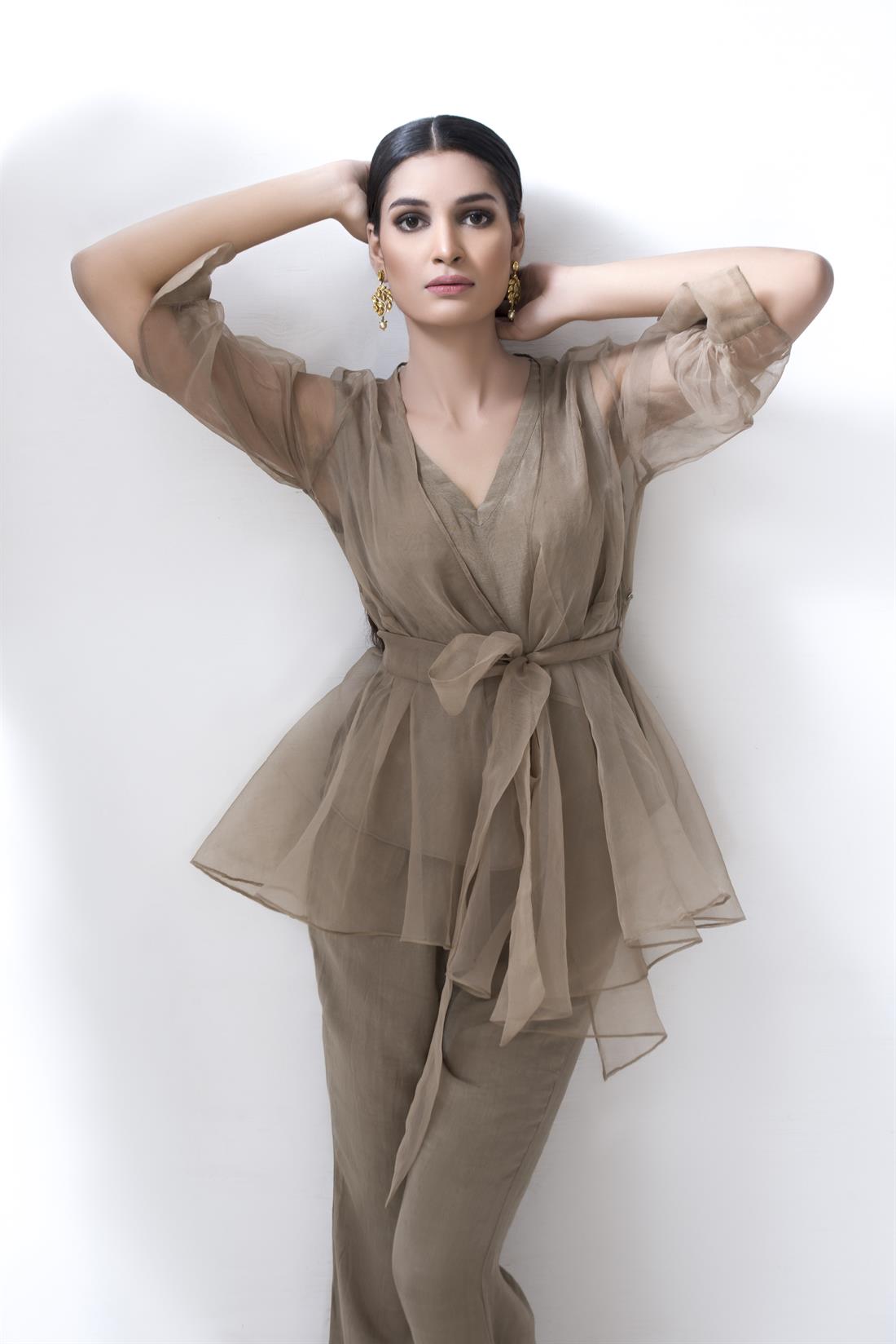 Olive Raw Silk Organza Shirt with Kameez and Trouser
