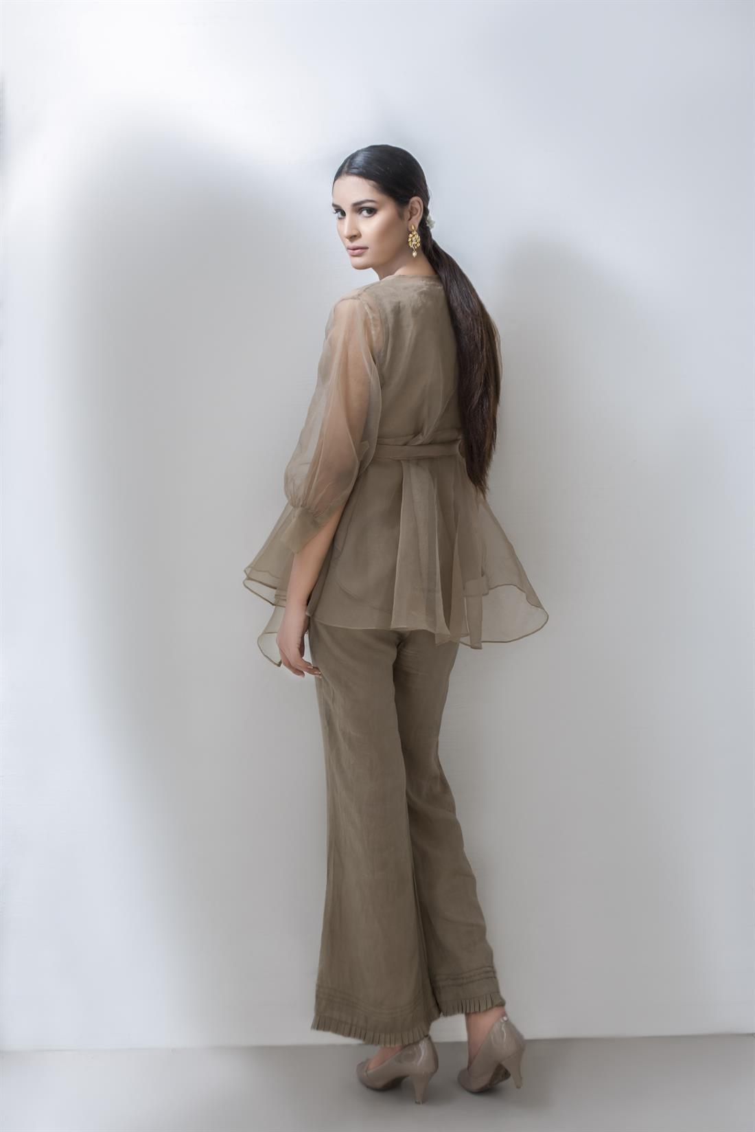 Olive Raw Silk Organza Shirt with Kameez and Trouser