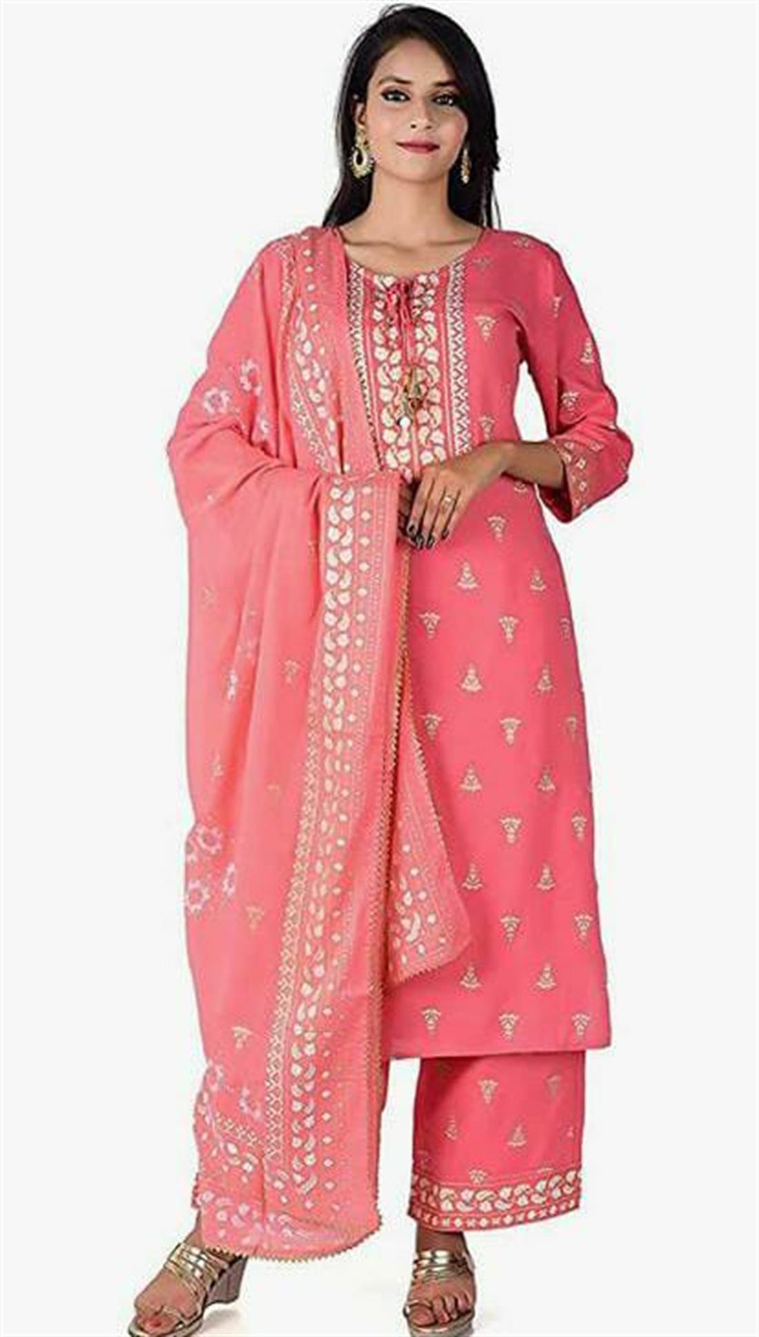Pink Readymade 3 Piece Kurta with Palazzo & Dupatta