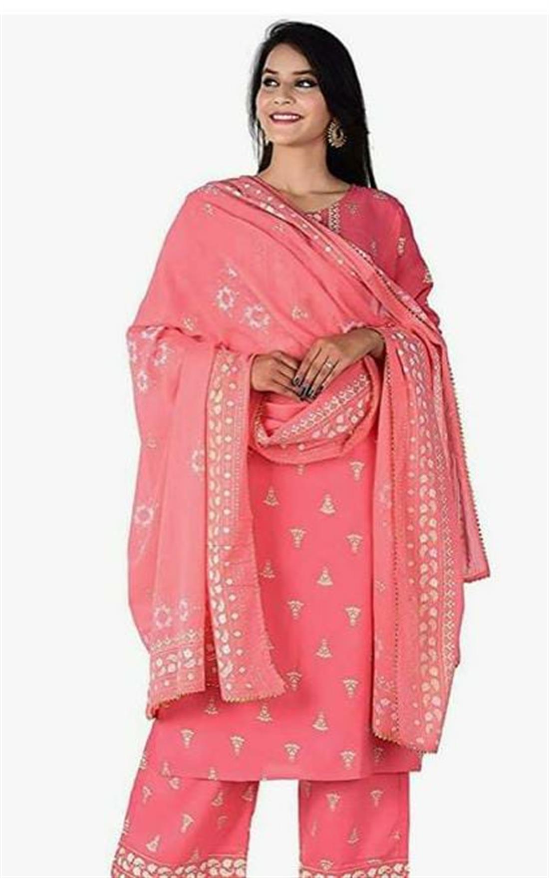 Pink Readymade 3 Piece Kurta with Palazzo & Dupatta