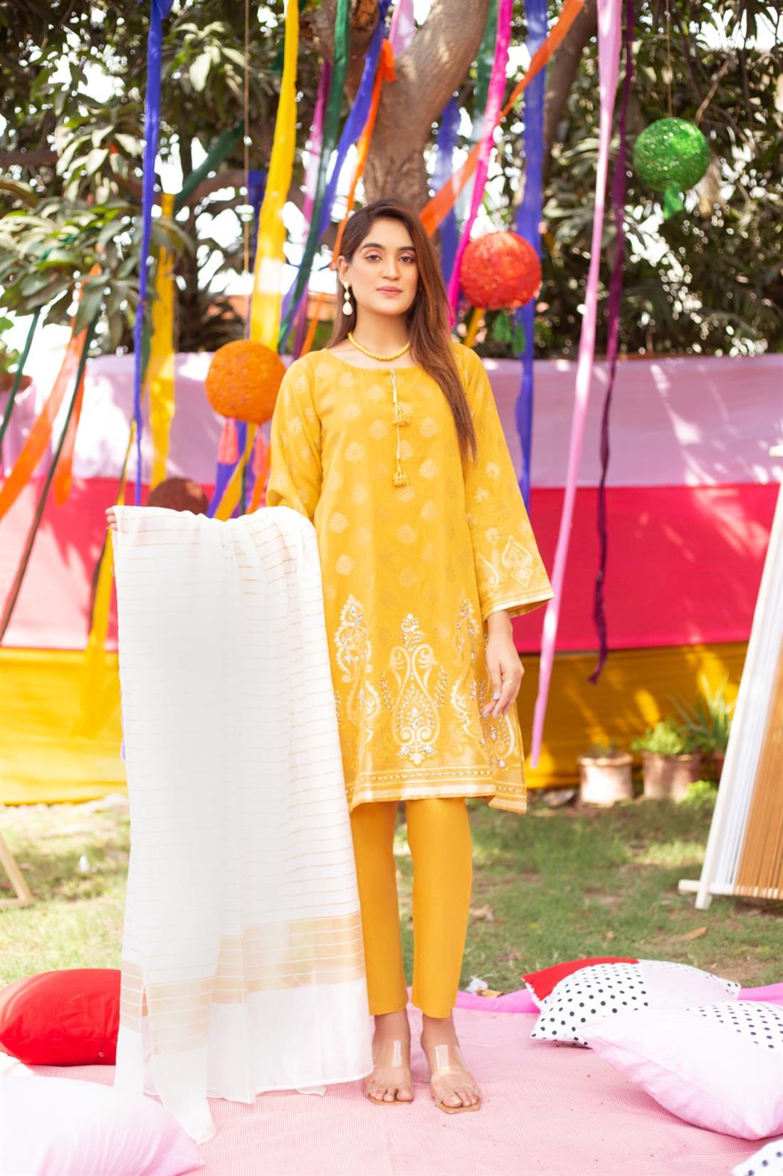 Mustard Jacquard 3 Piece Cotton Printed Suit with Dupatta