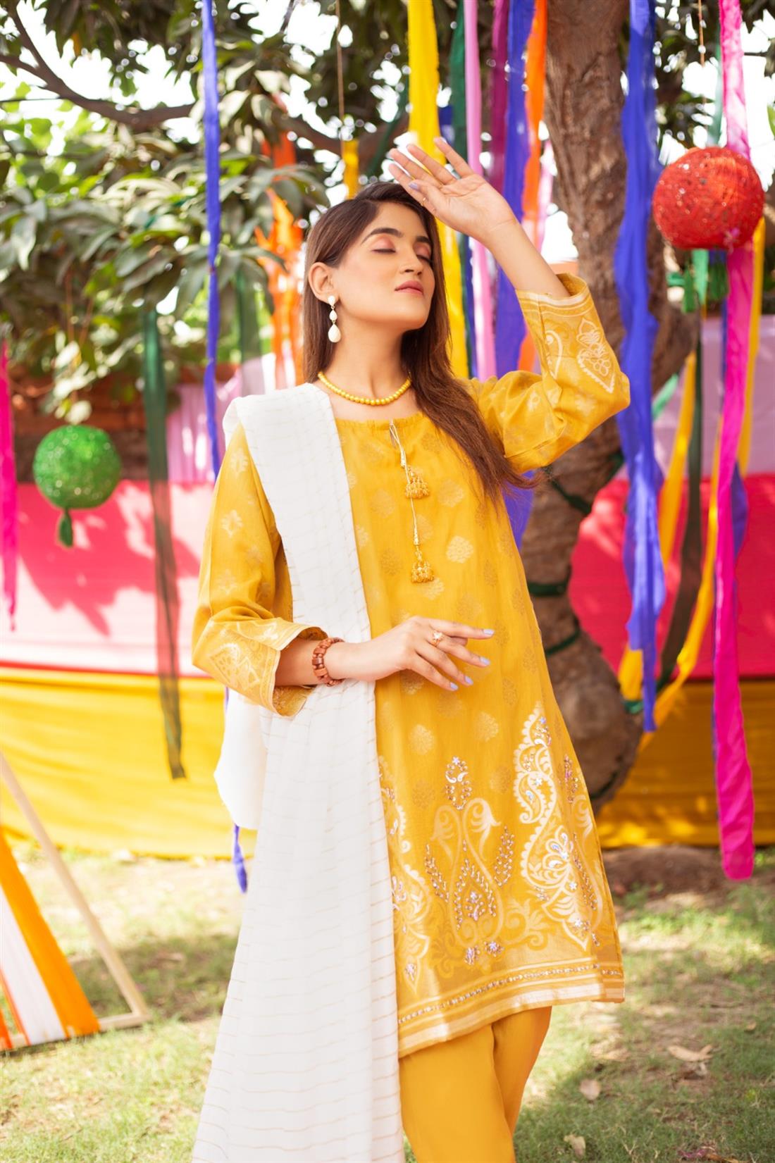 Mustard Jacquard 3 Piece Cotton Printed Suit with Dupatta