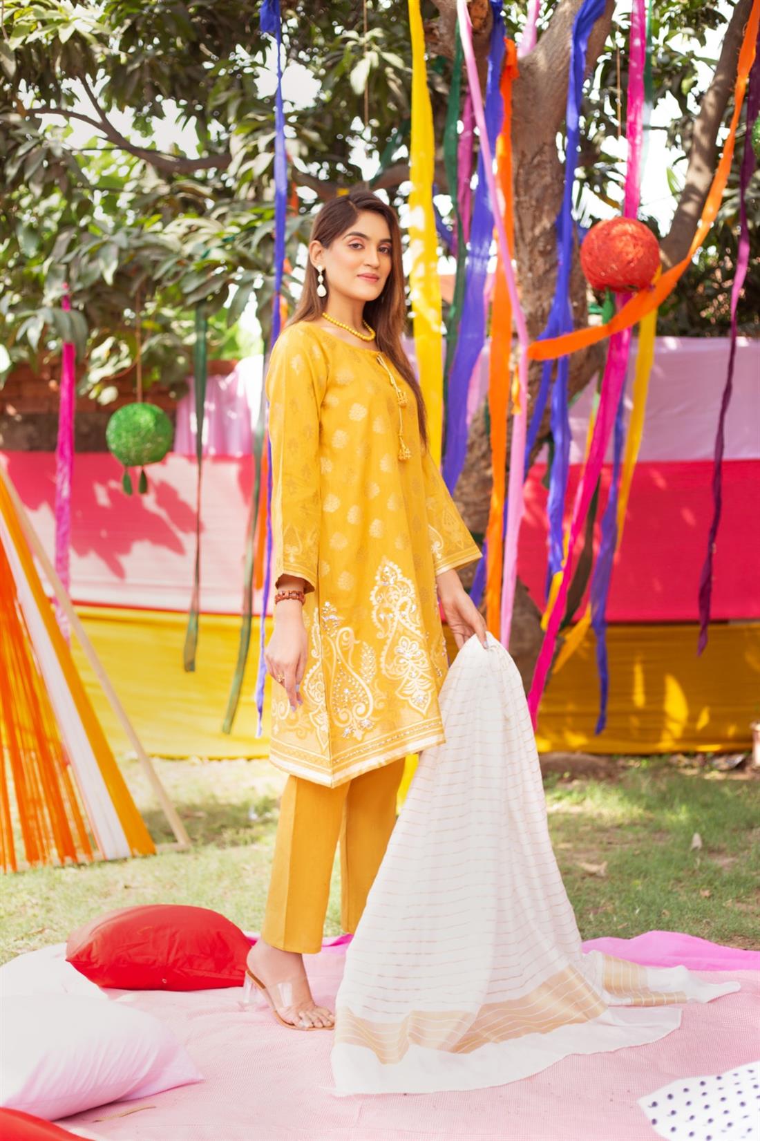 Mustard Jacquard 3 Piece Cotton Printed Suit with Dupatta