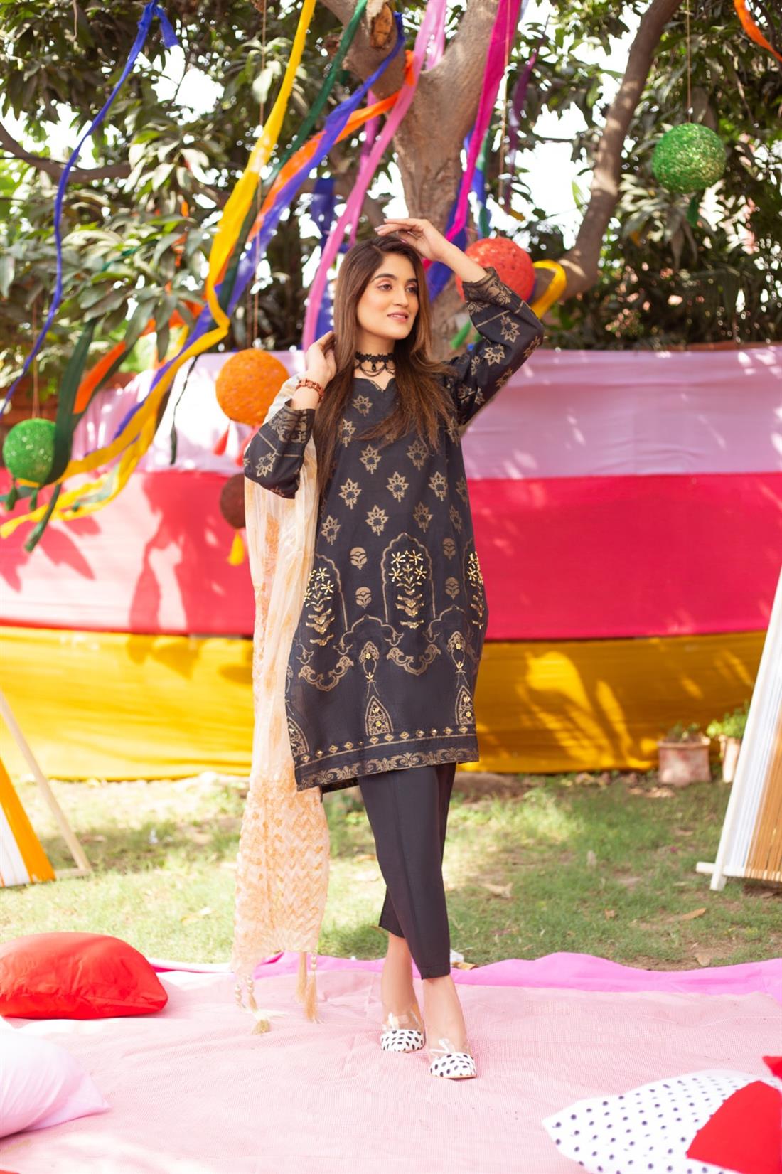 Black Jacquard Embroidered Kameez with Dupatta & Trouser