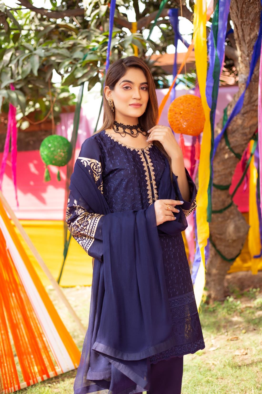 Navy Blue Chiffon 3 Piece Pink Embroidered Kameez with Dupatta & Trouser
