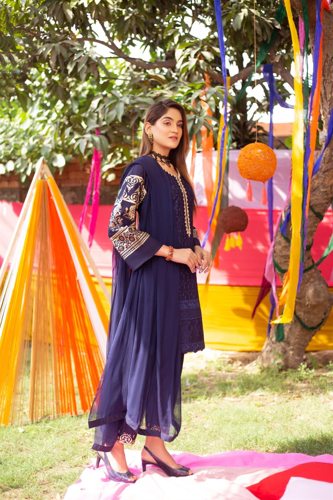 Navy Blue Chiffon 3 Piece Pink Embroidered Kameez with Dupatta & Trouser