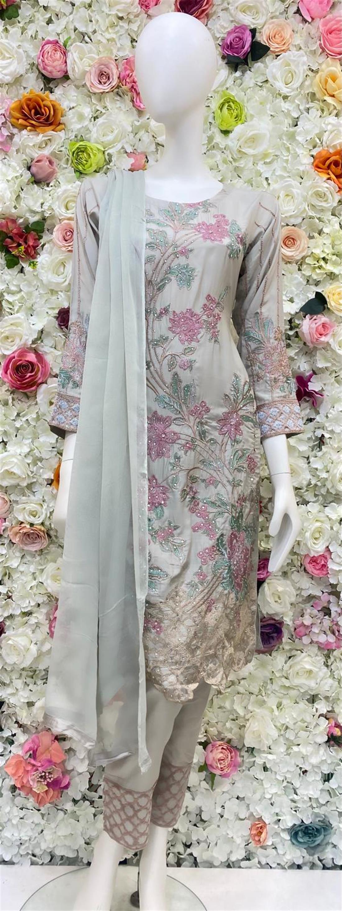 Light Mint Stone Work Chiffon Ladies Readymade